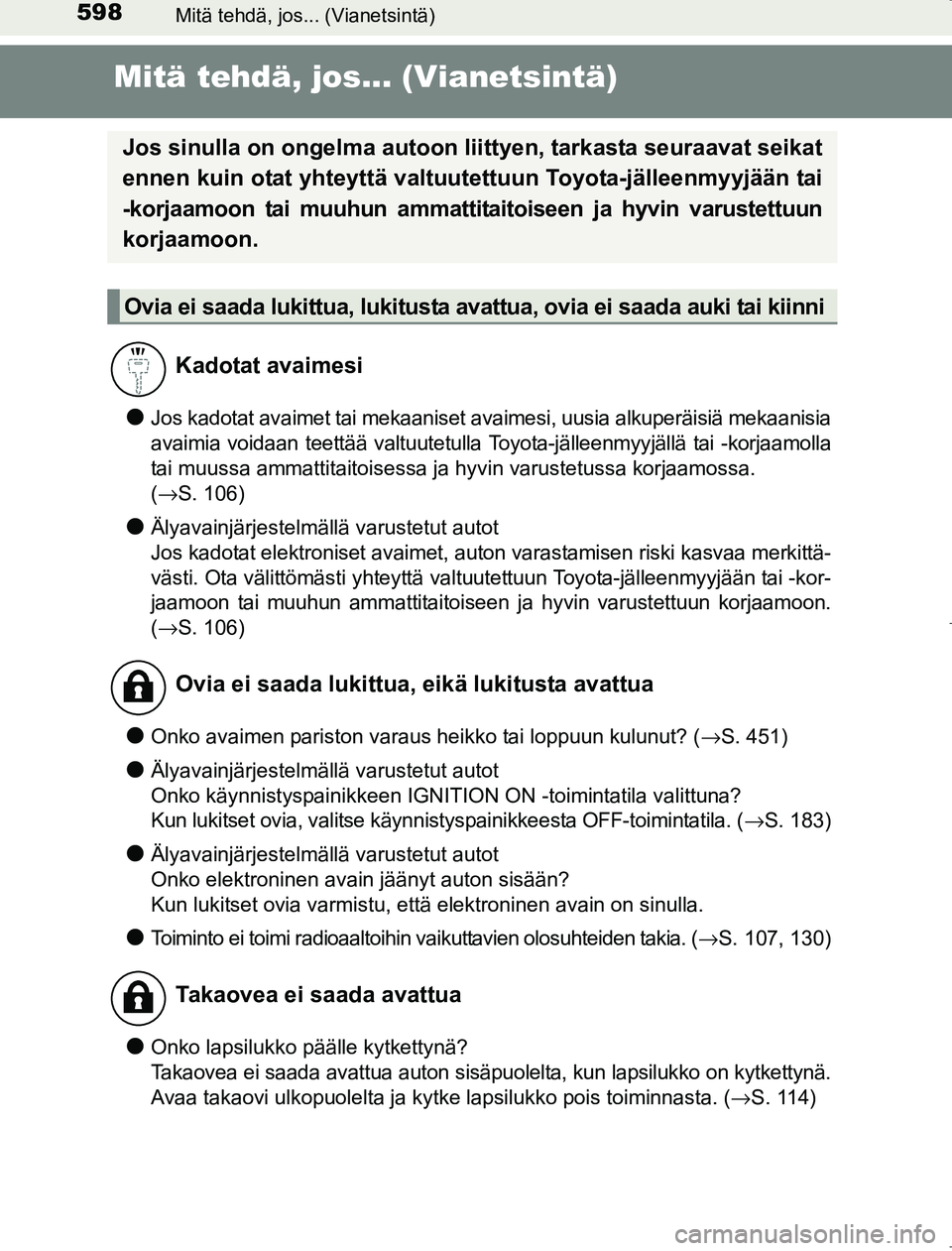 TOYOTA AVENSIS 2017 Omistajan Käsikirja (in Finnish) 598Mitä tehdä, jos... (Vianetsintä)
OM20C66FI
Mitä tehdä, jos... (Vianetsintä)
lJos kadotat avaimet tai mekaaniset avaimesi, uusia alkuperäisiä mekaanisia
avaimia voidaan teettää valtuutetul TOYOTA AVENSIS 2017 Omistajan Käsikirja (in Finnish) 598Mitä tehdä, jos... (Vianetsintä)
OM20C66FI
Mitä tehdä, jos... (Vianetsintä)
lJos kadotat avaimet tai mekaaniset avaimesi, uusia alkuperäisiä mekaanisia
avaimia voidaan teettää valtuutetul