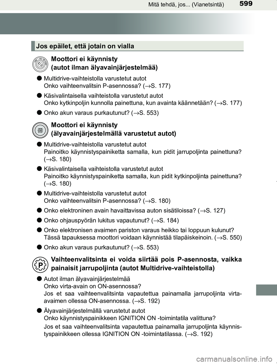 TOYOTA AVENSIS 2017 Omistajan Käsikirja (in Finnish) 599Mitä tehdä, jos... (Vianetsintä)
OM20C66FI
lMultidrive-vaihteistolla varustetut autot
Onko vaihteenvalitsin P-asennossa? ( →S. 177)
lKäsivalintaisella vaihteistolla varustetut autot
Onko kytk TOYOTA AVENSIS 2017 Omistajan Käsikirja (in Finnish) 599Mitä tehdä, jos... (Vianetsintä)
OM20C66FI
lMultidrive-vaihteistolla varustetut autot
Onko vaihteenvalitsin P-asennossa? ( →S. 177)
lKäsivalintaisella vaihteistolla varustetut autot
Onko kytk