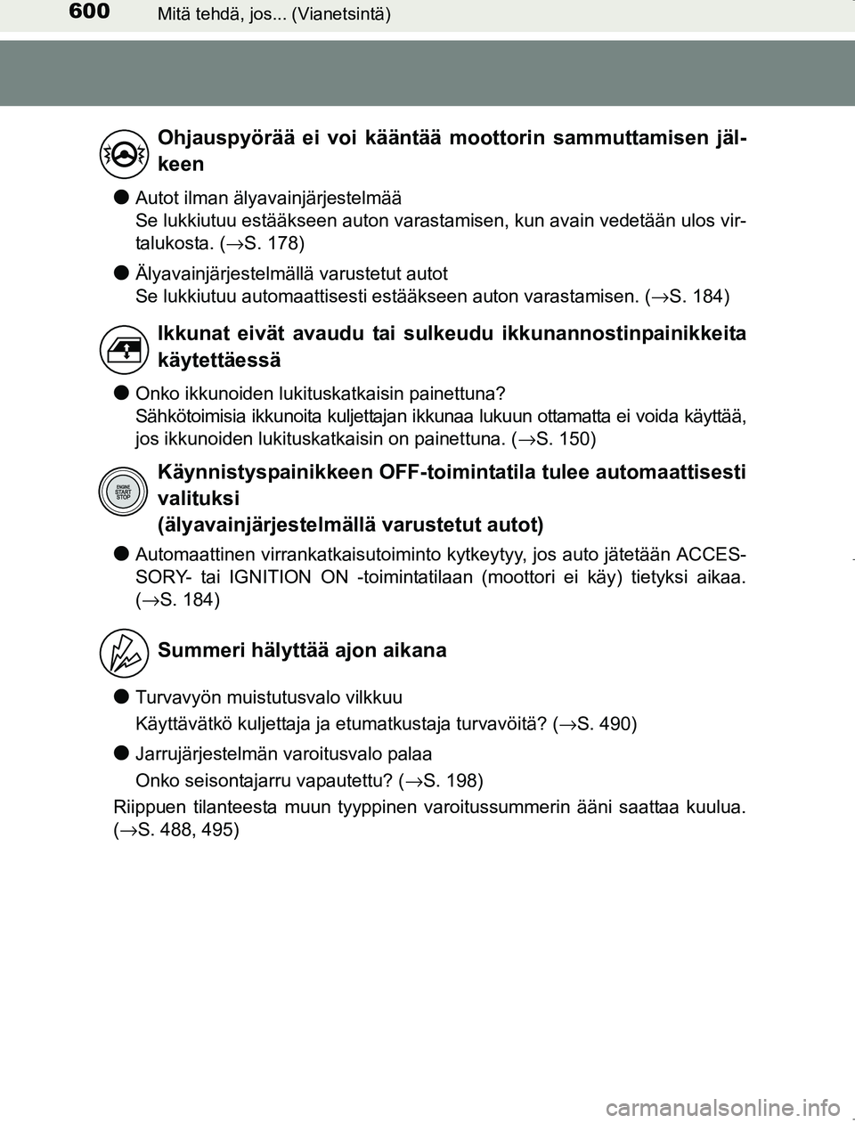 TOYOTA AVENSIS 2017 Omistajan Käsikirja (in Finnish) 600Mitä tehdä, jos... (Vianetsintä)
OM20C66FI
lAutot ilman älyavainjärjestelmää
Se lukkiutuu estääkseen auton varastamisen, kun avain vedetään ulos vir-
talukosta. (→S. 178)
lÄlyavainjà TOYOTA AVENSIS 2017 Omistajan Käsikirja (in Finnish) 600Mitä tehdä, jos... (Vianetsintä)
OM20C66FI
lAutot ilman älyavainjärjestelmää
Se lukkiutuu estääkseen auton varastamisen, kun avain vedetään ulos vir-
talukosta. (→S. 178)
lÄlyavainjÃ