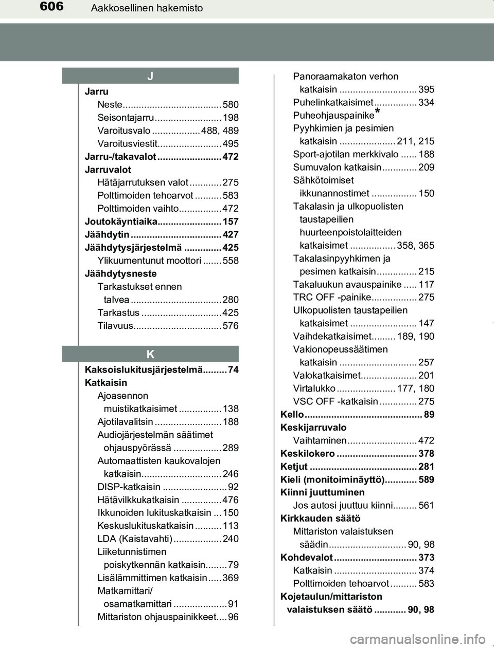 TOYOTA AVENSIS 2017 Omistajan Käsikirja (in Finnish) 606Aakkosellinen hakemisto
OM20C66FI
JarruNeste..................................... 580
Seisontajarru ......................... 198
Varoitusvalo .................. 488, 489
Varoitusviestit........... TOYOTA AVENSIS 2017 Omistajan Käsikirja (in Finnish) 606Aakkosellinen hakemisto
OM20C66FI
JarruNeste..................................... 580
Seisontajarru ......................... 198
Varoitusvalo .................. 488, 489
Varoitusviestit...........