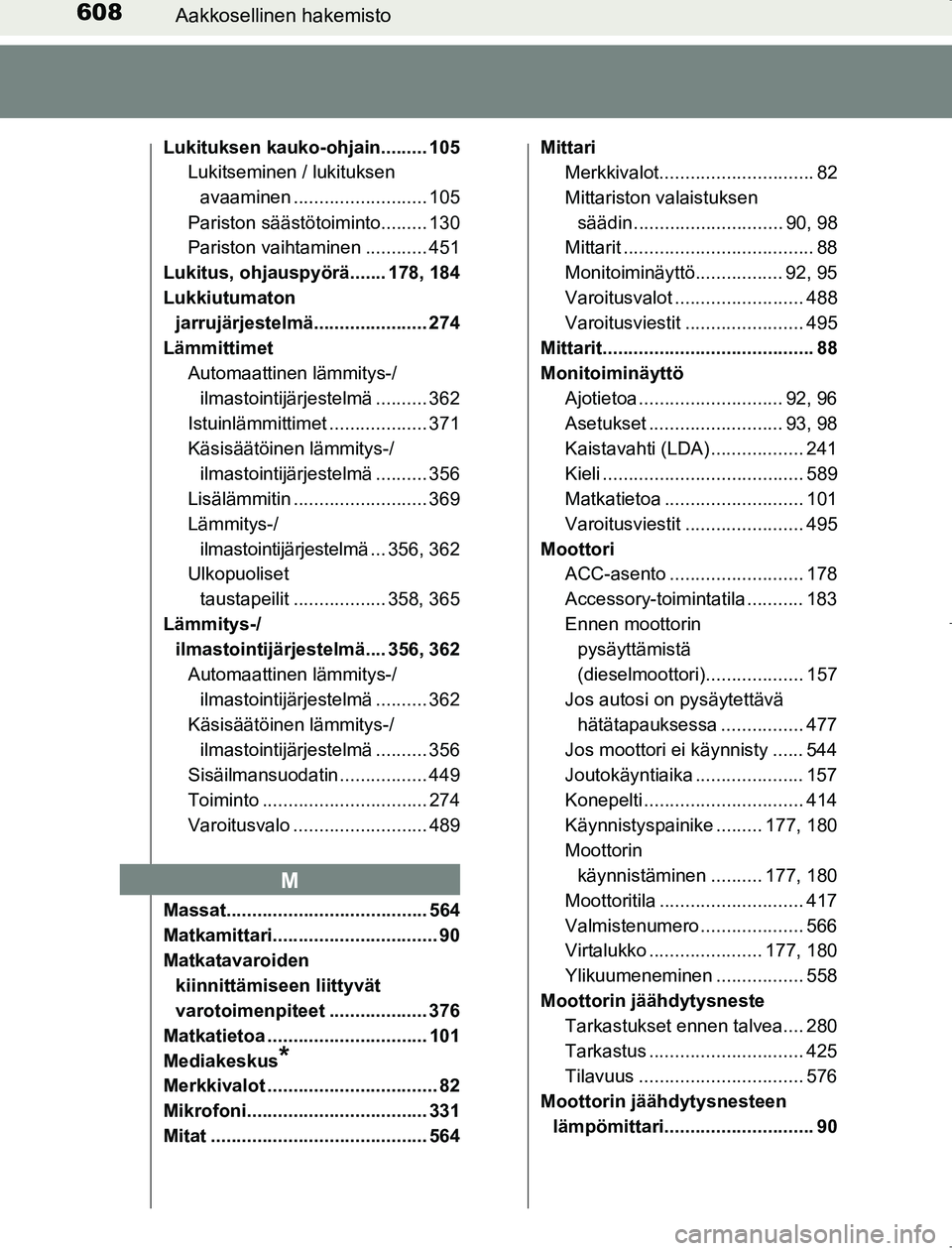 TOYOTA AVENSIS 2017 Omistajan Käsikirja (in Finnish) 608Aakkosellinen hakemisto
OM20C66FI
Lukituksen kauko-ohjain......... 105Lukitseminen / lukituksen
avaaminen .......................... 105
Pariston säästötoiminto......... 130
Pariston vaihtamine TOYOTA AVENSIS 2017 Omistajan Käsikirja (in Finnish) 608Aakkosellinen hakemisto
OM20C66FI
Lukituksen kauko-ohjain......... 105Lukitseminen / lukituksen
avaaminen .......................... 105
Pariston säästötoiminto......... 130
Pariston vaihtamine