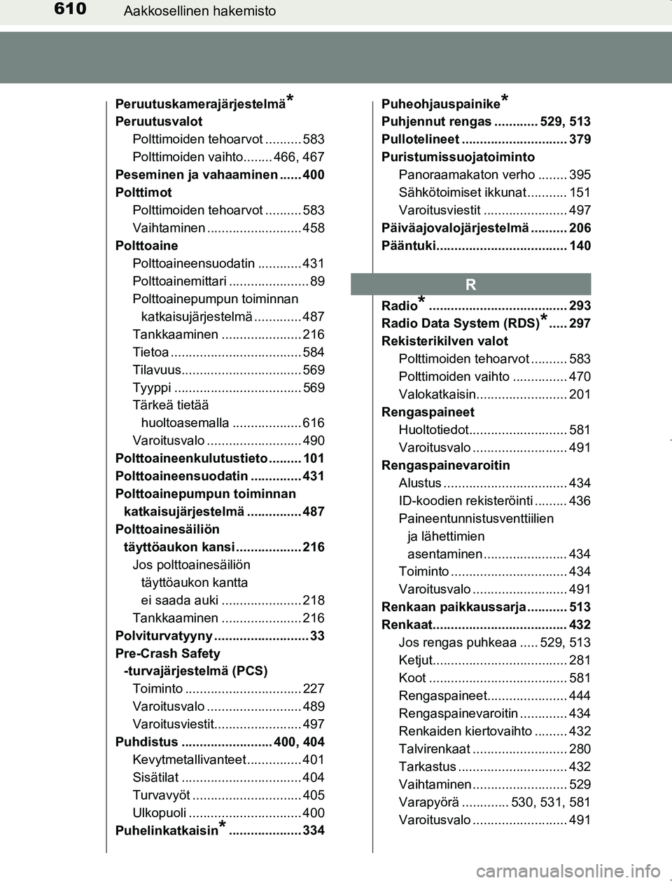 TOYOTA AVENSIS 2017 Omistajan Käsikirja (in Finnish) 610Aakkosellinen hakemisto
OM20C66FI
Peruutuskamerajärjestelmä*
PeruutusvalotPolttimoiden tehoarvot .......... 583
Polttimoiden vaihto........ 466, 467
Peseminen ja vahaaminen ...... 400
Polttimot
P TOYOTA AVENSIS 2017 Omistajan Käsikirja (in Finnish) 610Aakkosellinen hakemisto
OM20C66FI
Peruutuskamerajärjestelmä*
PeruutusvalotPolttimoiden tehoarvot .......... 583
Polttimoiden vaihto........ 466, 467
Peseminen ja vahaaminen ...... 400
Polttimot
P