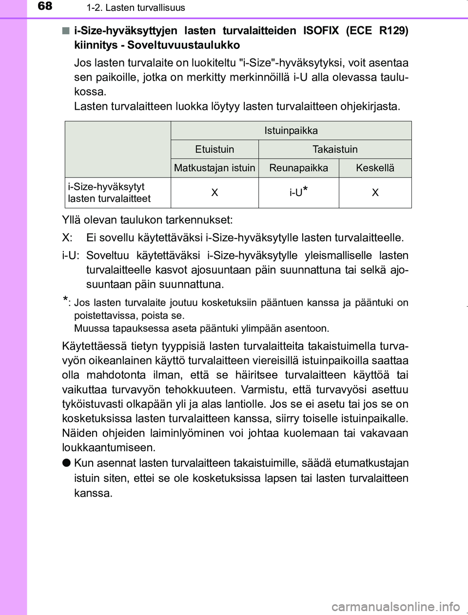 TOYOTA AVENSIS 2017 Omistajan Käsikirja (in Finnish) 681-2. Lasten turvallisuus
OM20C66FIn
i-Size-hyväksyttyjen lasten turval
aitteiden ISOFIX (ECE R129)
kiinnitys - Soveltuvuustaulukko
Jos lasten turvalaite on luokiteltu "i-Size"-hyväksytyksi, voit TOYOTA AVENSIS 2017 Omistajan Käsikirja (in Finnish) 681-2. Lasten turvallisuus
OM20C66FIn
i-Size-hyväksyttyjen lasten turval
aitteiden ISOFIX (ECE R129)
kiinnitys - Soveltuvuustaulukko
Jos lasten turvalaite on luokiteltu "i-Size"-hyväksytyksi, voit