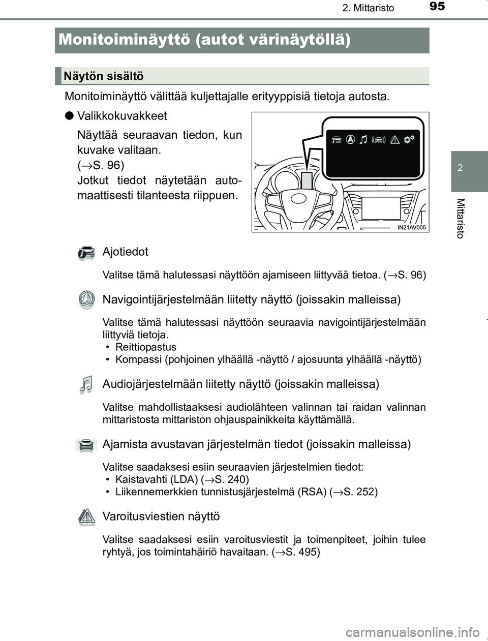 TOYOTA AVENSIS 2017 Omistajan Käsikirja (in Finnish) 95
2
2. Mittaristo
Mittaristo
OM20C66FI
Monitoiminäyttö (autot värinäytöllä)
Monitoiminäyttö välittää kuljettajalle erityyppisiä tietoja autosta.
l Valikkokuvakkeet
Näyttää seuraavan ti TOYOTA AVENSIS 2017 Omistajan Käsikirja (in Finnish) 95
2
2. Mittaristo
Mittaristo
OM20C66FI
Monitoiminäyttö (autot värinäytöllä)
Monitoiminäyttö välittää kuljettajalle erityyppisiä tietoja autosta.
l Valikkokuvakkeet
Näyttää seuraavan ti