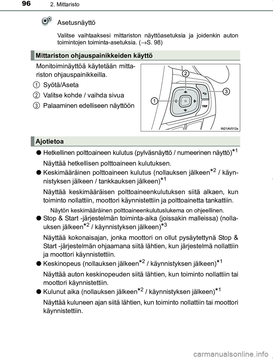 TOYOTA AVENSIS 2017 Omistajan Käsikirja (in Finnish) 962. Mittaristo
OM20C66FI
Asetusnäyttö
Valitse vaihtaaksesi mittariston näyttöasetuksia ja joidenkin auton
toimintojen toiminta-asetuksia. (→S. 98)
Monitoiminäyttöä käytetään mitta-
riston TOYOTA AVENSIS 2017 Omistajan Käsikirja (in Finnish) 962. Mittaristo
OM20C66FI
Asetusnäyttö
Valitse vaihtaaksesi mittariston näyttöasetuksia ja joidenkin auton
toimintojen toiminta-asetuksia. (→S. 98)
Monitoiminäyttöä käytetään mitta-
riston