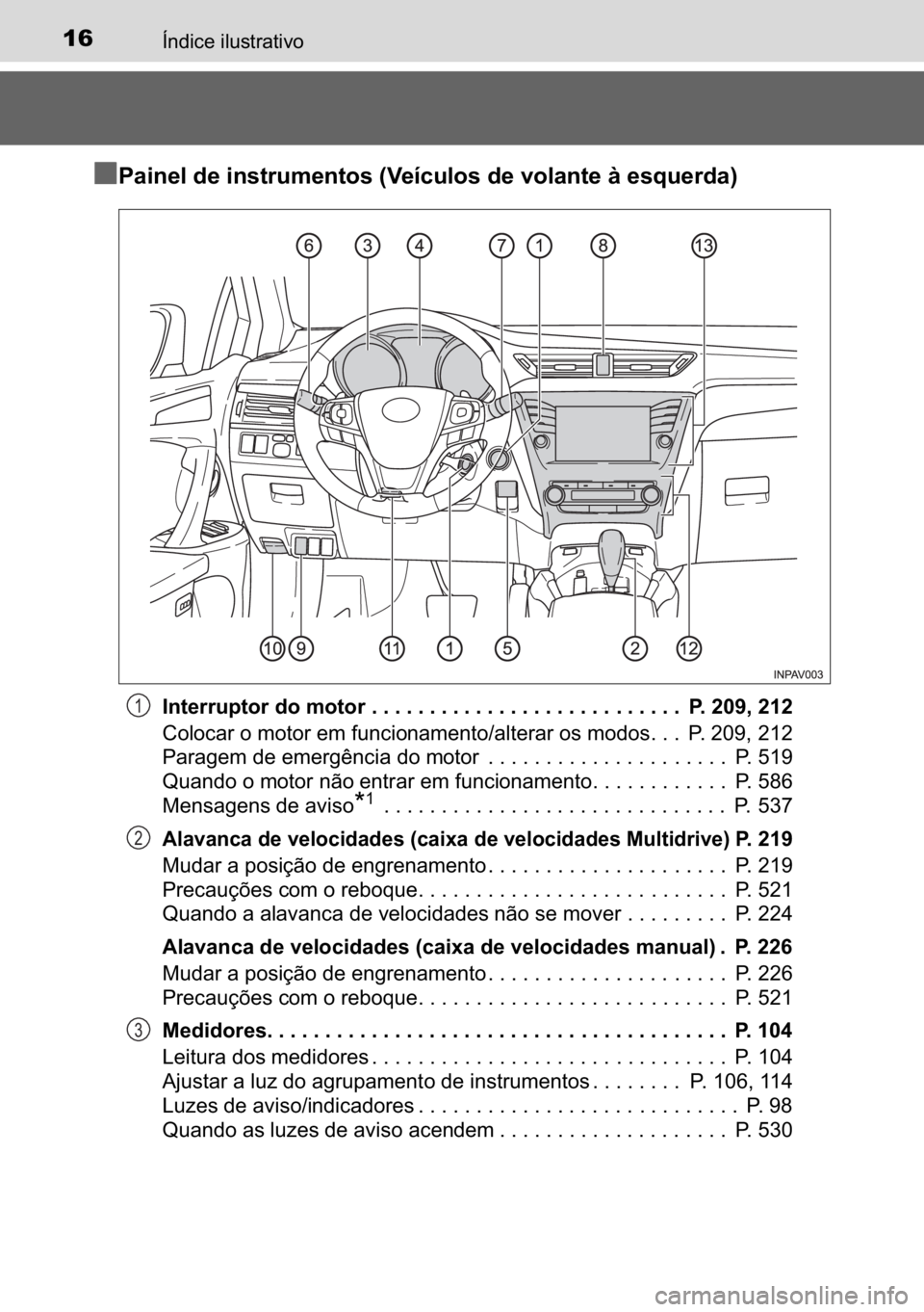 TOYOTA AVENSIS 2017  Manual de utilização (in Portuguese) 16�Ë�Q�G�L�F�H��L�O�X�V�W�U�D�W�L�Y�R
n
nn n�3�D�L�Q�H�O��G�H��L�Q�V�W�U�X�P�H�Q�W�R�V���9�H�t�F�X�O�R�V��G�H��Y�R�O�D�Q�W�H��j��H�V�T�X�H�U�G�D�
�,�Q�W�H�U�U�X�S�W�R�U��G�R��P�R�W�R�U��