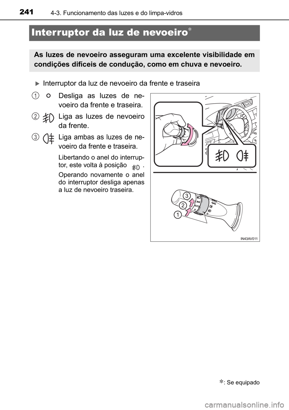 TOYOTA AVENSIS 2017  Manual de utilização (in Portuguese) 241������)�X�Q�F�L�R�Q�D�P�H�Q�W�R��G�D�V��O�X�]�H�V��H��G�R��O�L�P�S�D��Y�L�G�U�R�V
Interruptor da luz de nevoeiro∗
�X<002c00510057004800550055005800530057005200550003004700440003004f005