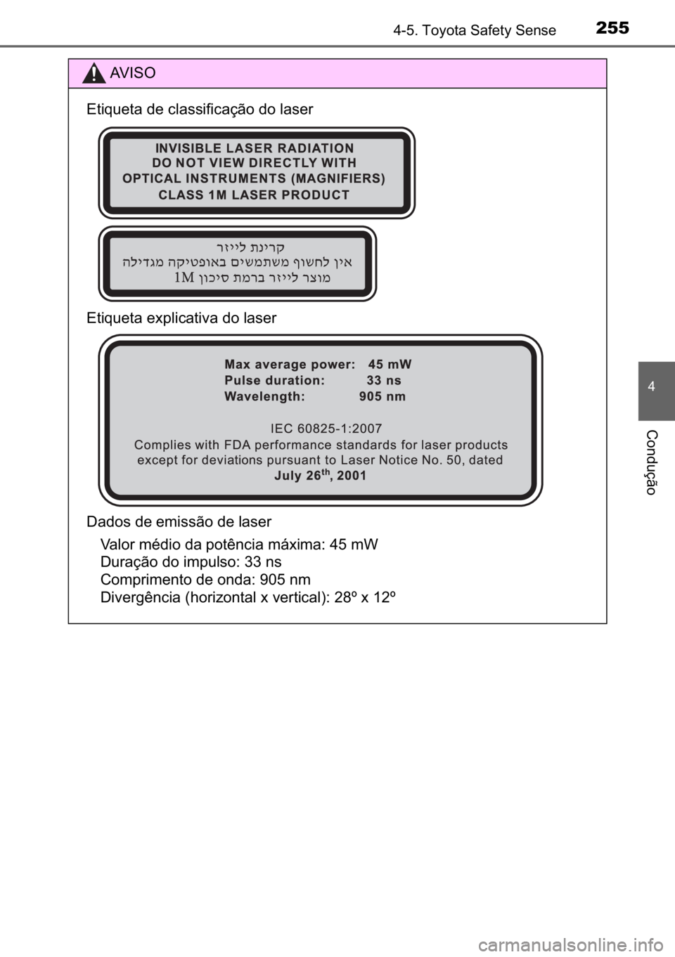 TOYOTA AVENSIS 2017  Manual de utilização (in Portuguese) 255������7�R�\�R�W�D��6�D�I�H�W�\��6�H�Q�V�H
�
�&�R�Q�G�X�o�m�R
�$�9 �, �6 �2
�(�W�L�T�X�H�W�D��G�H��F�O�D�V�V�L�I�L�F�D�o�m�R��G�R��O�D�V�H�U��
�(�W�L�T�X�H�W�D��H�[�S�O�L�F�D�W�L�Y�D�