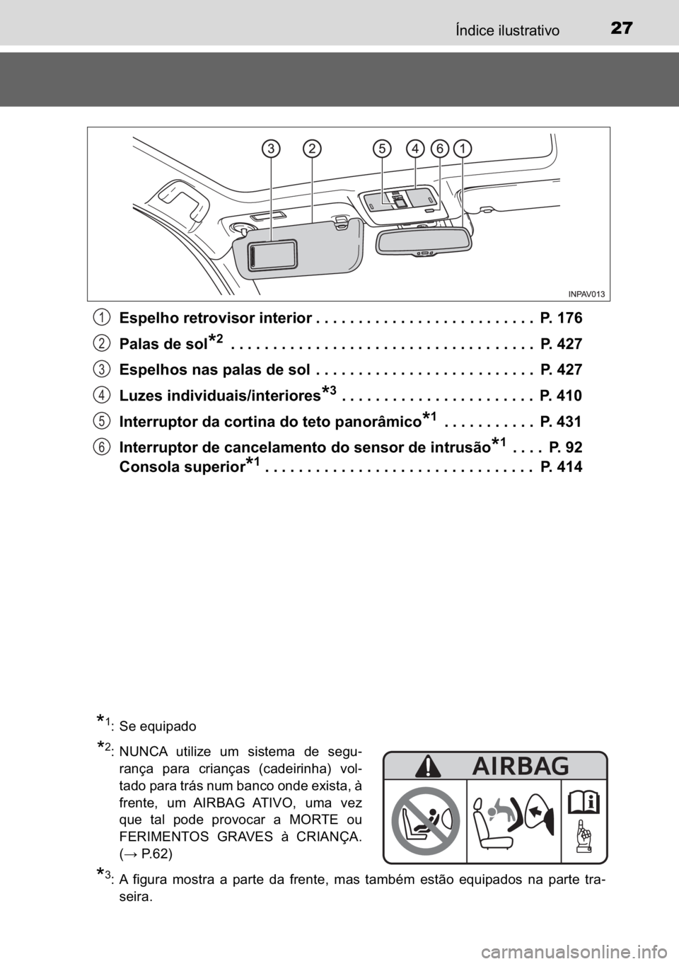 TOYOTA AVENSIS 2017  Manual de utilização (in Portuguese) 27�Ë�Q�G�L�F�H��L�O�X�V�W�U�D�W�L�Y�R
�(�V�S�H�O�K�R��U�H�W�U�R�Y�L�V�R�U��L�Q�W�H�U�L�R�U ���������������������������������������������������� 