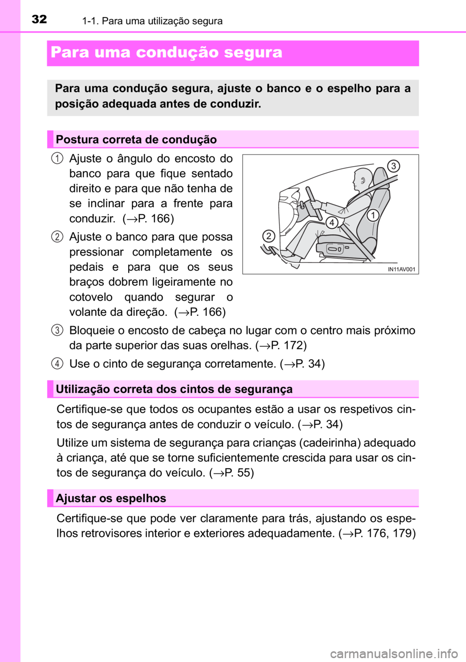 TOYOTA AVENSIS 2017  Manual de utilização (in Portuguese) 32������3�D�U�D��X�P�D��X�W�L�O�L�]�D�o�m�R��V�H�J�X�U�D�
Para uma condução segura 
�$�M�X�V�W�H� �R� �k�Q�J�X�O�R� �G�R� �H�Q�F�R�V�W�R� �G�R
�E�D�Q�F�R� �S�D�U�D� �T�X�H� �I�L�T�X