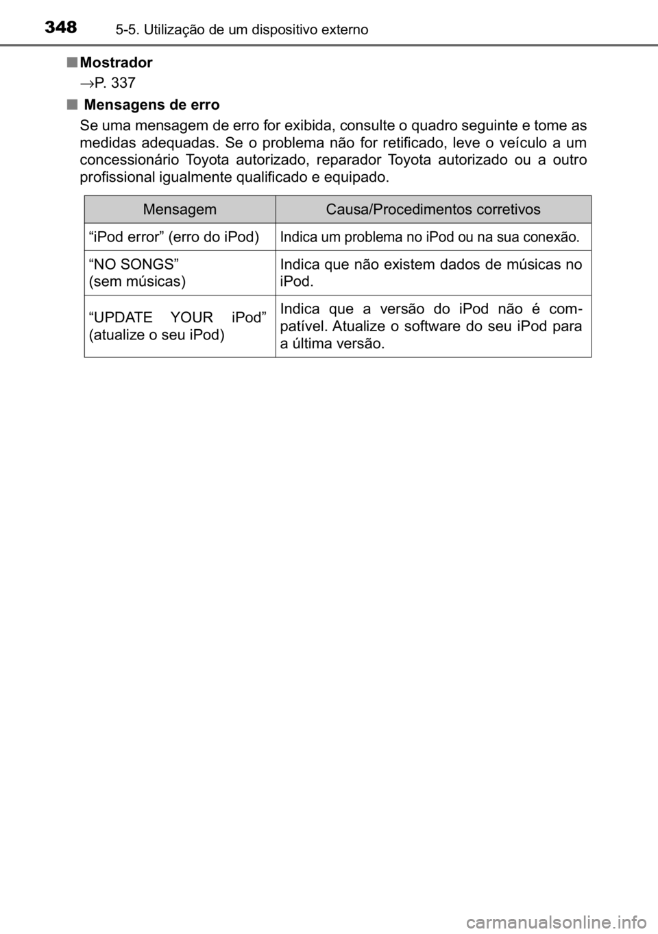 TOYOTA AVENSIS 2017  Manual de utilização (in Portuguese) 348������8�W�L�O�L�]�D�o�m�R��G�H��X�P��G�L�V�S�R�V�L�W�L�Y�R��H�[�W�H�U�Q�R
■�0�R�V�W�U�D�G�R�U
→�3�����
■��0�H�Q�V�D�J�H�Q�V��G�H��H�U�U�R
�6�H��X�P�D��P�H�Q�V�D�J�H�P��G�H