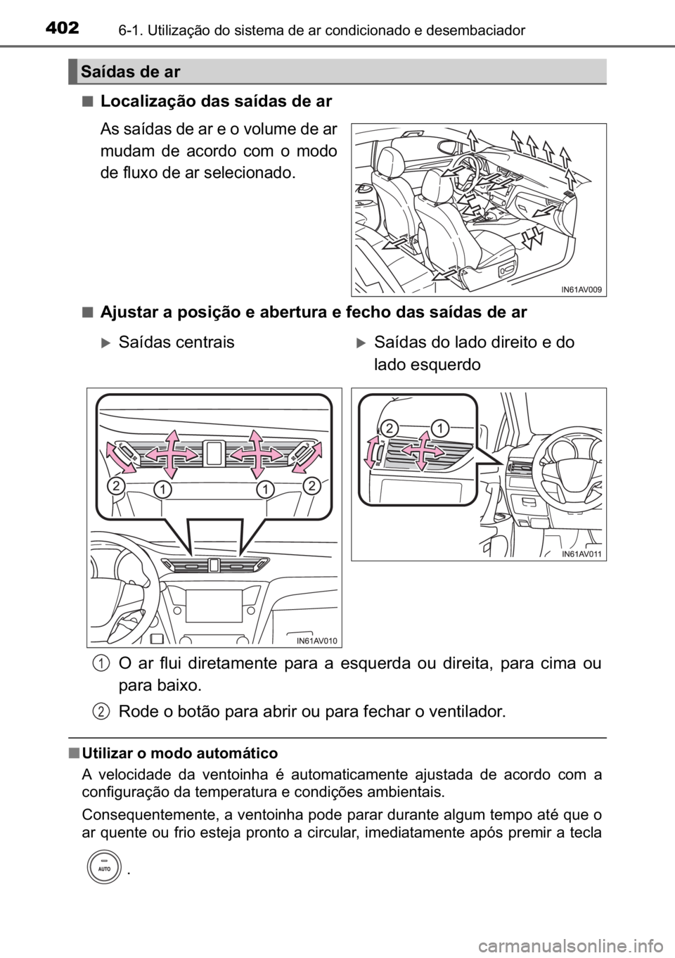 TOYOTA AVENSIS 2017  Manual de utilização (in Portuguese) 402������8�W�L�O�L�]�D�o�m�R��G�R��V�L�V�W�H�P�D��G�H��D�U��F�R�Q�G�L�F�L�R�Q�D�G�R��H��G�H�V�H�P�E�D�F�L�D�G�R�U
■�/�R�F�D�O�L�]�D�o�m�R��G�D�V��V�D�t�G�D�V��G�H��D�U
�$�V��V�D�t�G
