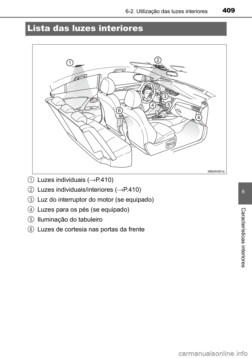 TOYOTA AVENSIS 2017  Manual de utilização (in Portuguese) 409������8�W�L�O�L�]�D�o�m�R��G�D�V��O�X�]�H�V��L�Q�W�H�U�L�R�U�H�V
�
�&�D�U�D�F�W�H�U�t�V�W�L�F�D�V��L�Q�W�H�U�L�R�U�H�V
Lista das luzes interiores
�/�X�]�H�V��L�Q�G�L�Y�L�G�X�D�L�V��:�