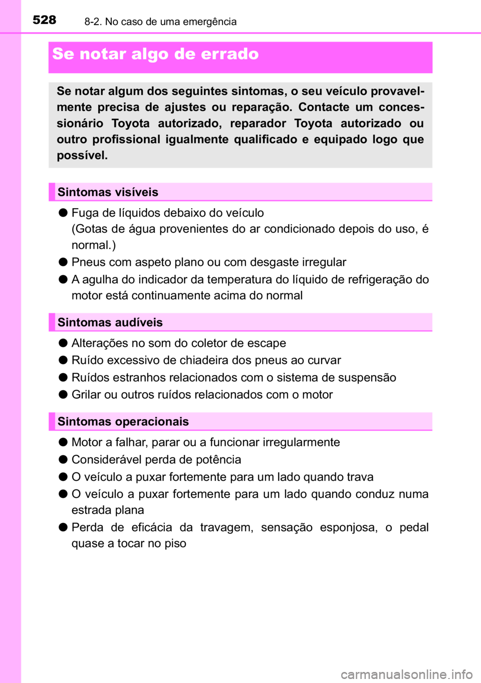 TOYOTA AVENSIS 2017  Manual de utilização (in Portuguese) 528������1�R��F�D�V�R��G�H��X�P�D��H�P�H�U�J�r�Q�F�L�D
Se notar algo de errado
●�)�X�J�D��G�H��O�t�T�X�L�G�R�V��G�H�E�D�L�[�R��G�R��Y�H�t�F�X�O�R
��*�R�W�D�V��G�H��i�J�X�D��S�U�R�Y