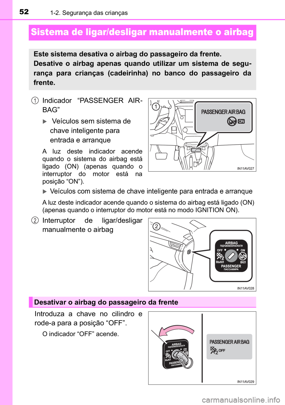 TOYOTA AVENSIS 2017  Manual de utilização (in Portuguese) 52������6�H�J�X�U�D�Q�o�D��G�D�V��F�U�L�D�Q�o�D�V
Sistema de ligar/desligar manualmente o airbag 
�,�Q�G�L�F�D�G�R�U� �