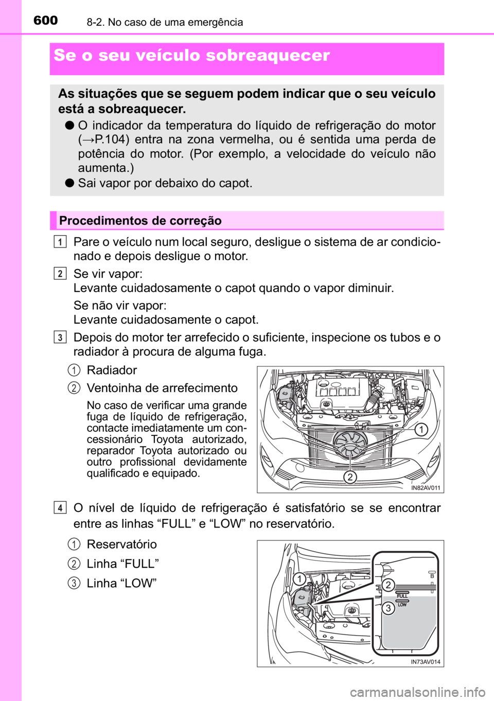 TOYOTA AVENSIS 2017  Manual de utilização (in Portuguese) 600������1�R��F�D�V�R��G�H��X�P�D��H�P�H�U�J�r�Q�F�L�D
Se o seu veículo sobreaquecer
�3�D�U�H��R��Y�H�t�F�X�O�R��Q�X�P��O�R�F�D�O��V�H�J�X�U�R���G�H�V�O�L�J�X�H��R��V�L�V�W�H�P�D��