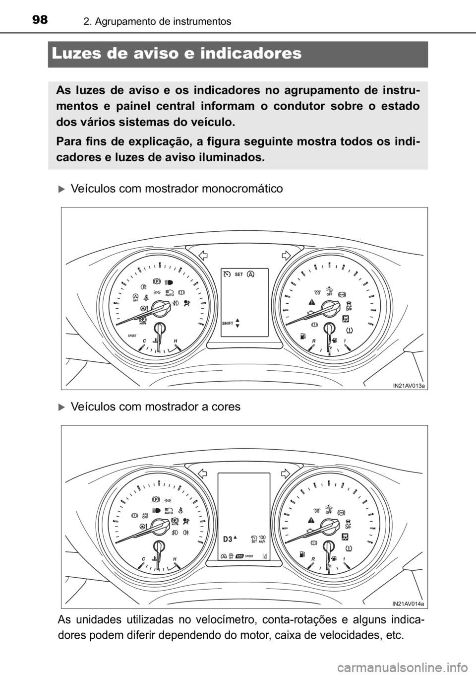 TOYOTA AVENSIS 2017  Manual de utilização (in Portuguese) 98����$�J�U�X�S�D�P�H�Q�W�R��G�H��L�Q�V�W�U�X�P�H�Q�W�R�V
Luzes de aviso e indicadores
�X�9�H�t�F�X�O�R�V��F�R�P��P�R�V�W�U�D�G�R�U��P�R�Q�R�F�U�R�P�i�W�L�F�R
�X�9�H�t�F�X�O�R�V��F�R�P��P�R�
