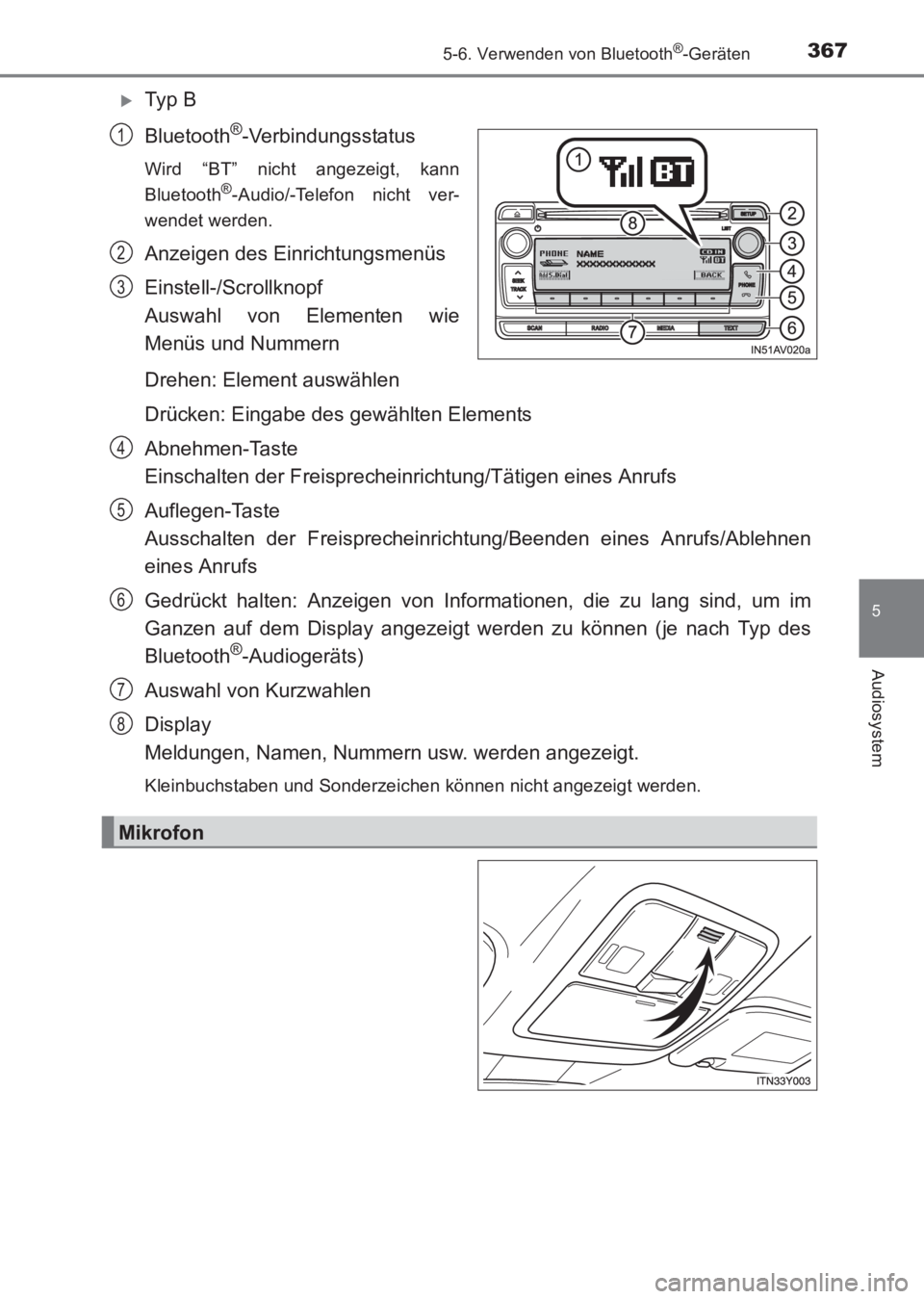 TOYOTA AVENSIS 2017  Betriebsanleitungen (in German) 3675-6. Verwenden von Bluetooth®-Geräten
5
Audiosystem
AVENSIS_OM_OM20C68M_(EM)
�XTy p  B
Bluetooth
®-Verbindungsstatus
Wird “BT” nicht angezeigt, kann
Bluetooth®-Audio/-Telefon nicht ver-
wen