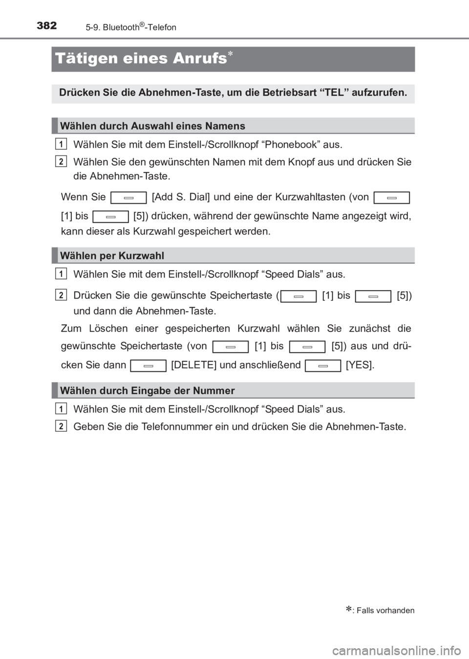 TOYOTA AVENSIS 2017 Betriebsanleitungen (in German) 3825-9. Bluetooth®-Telefon
AVENSIS_OM_OM20C68M_(EM)
Tätigen eines Anrufs∗
Wählen Sie mit dem Einstell-/Scrollknopf “Phonebook” aus.
Wählen Sie den gewünschten Namen mit dem Knopf aus und dr TOYOTA AVENSIS 2017 Betriebsanleitungen (in German) 3825-9. Bluetooth®-Telefon
AVENSIS_OM_OM20C68M_(EM)
Tätigen eines Anrufs∗
Wählen Sie mit dem Einstell-/Scrollknopf “Phonebook” aus.
Wählen Sie den gewünschten Namen mit dem Knopf aus und dr