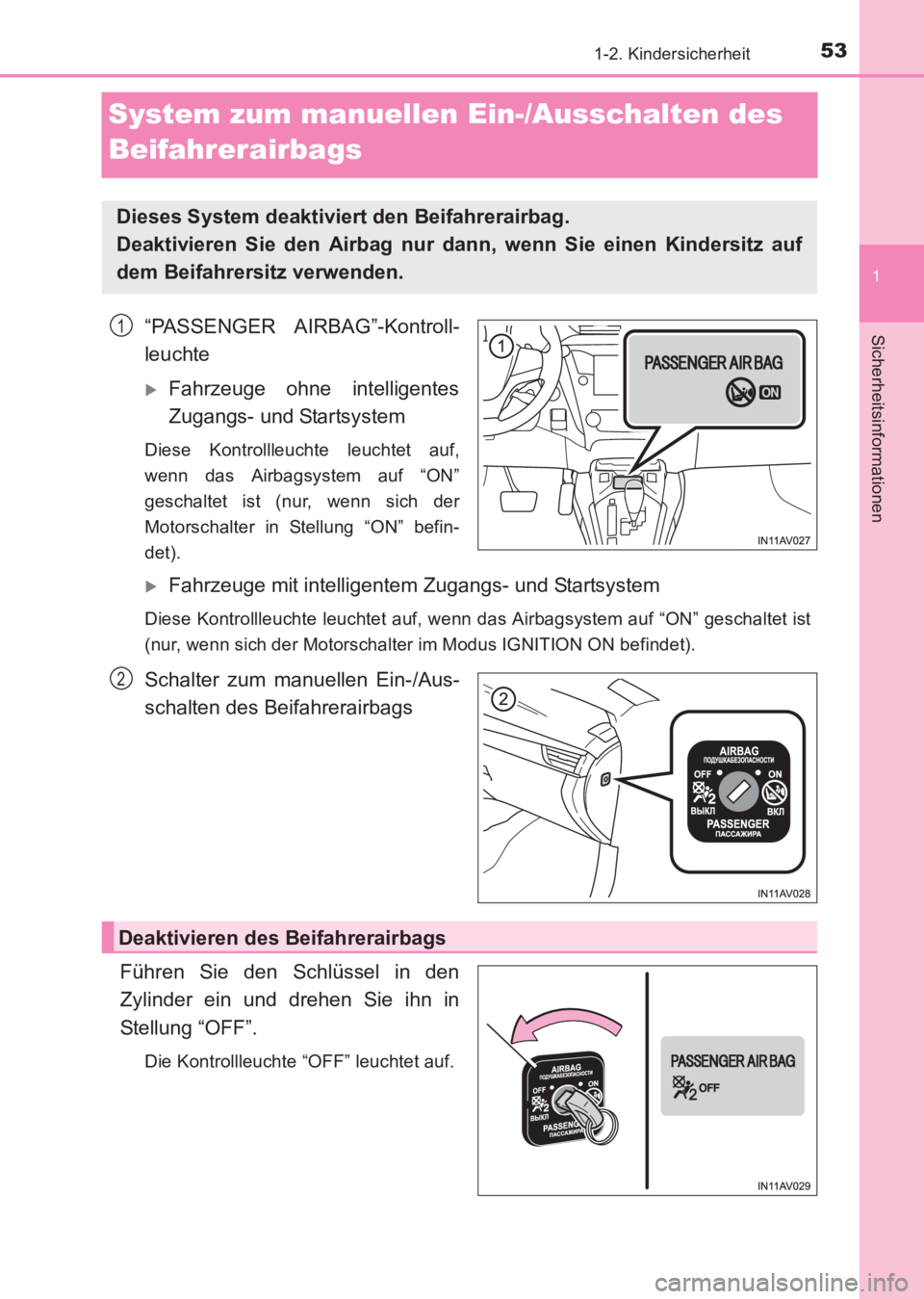 TOYOTA AVENSIS 2017  Betriebsanleitungen (in German) 53
1
1-2. Kindersicherheit
AVENSIS_OM_OM20C68M_(EM)
Sicherheitsinformationen
System zum manuellen Ein-/Ausschalten des 
Beifahrerairbags
“PASSENGER AIRBAG”-Kontroll-
leuchte
�XFahrzeuge ohne intel