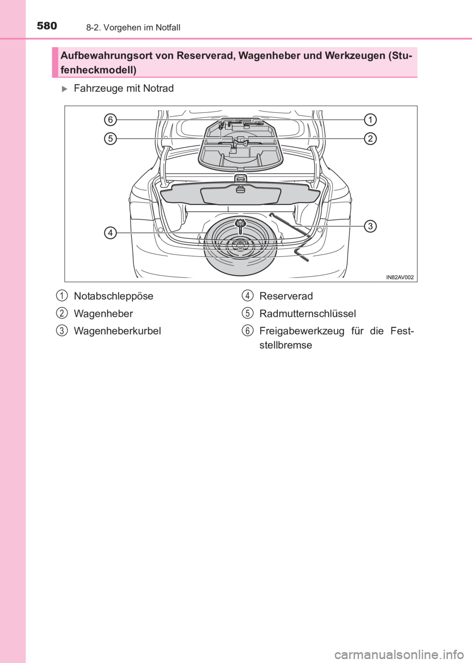 TOYOTA AVENSIS 2017  Betriebsanleitungen (in German) 5808-2. Vorgehen im Notfall
AVENSIS_OM_OM20C68M_(EM)
�XFahrzeuge mit Notrad
Aufbewahrungsort von Reserverad, Wagenheber und Werkzeugen (Stu-
fenheckmodell)
Notabschleppöse
Wagenheber
Wagenheberkurbel
