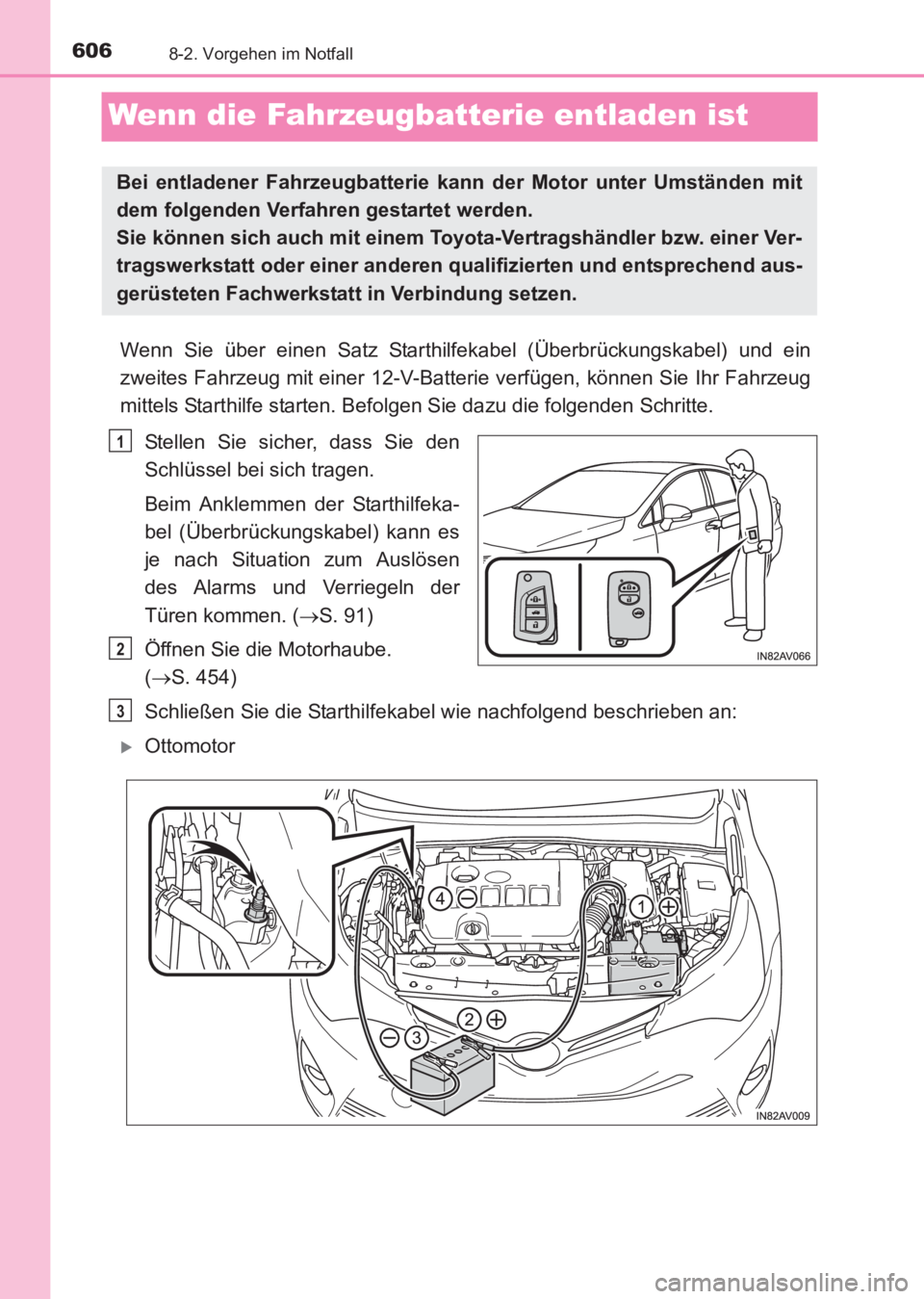 TOYOTA AVENSIS 2017 Betriebsanleitungen (in German) 6068-2. Vorgehen im Notfall
AVENSIS_OM_OM20C68M_(EM)
Wenn die Fahrzeugbatterie entladen ist
Wenn Sie über einen Satz Starthilfekabel (Überbrückungskabel) und ein
zweites Fahrzeug mit einer 12-V-Bat TOYOTA AVENSIS 2017 Betriebsanleitungen (in German) 6068-2. Vorgehen im Notfall
AVENSIS_OM_OM20C68M_(EM)
Wenn die Fahrzeugbatterie entladen ist
Wenn Sie über einen Satz Starthilfekabel (Überbrückungskabel) und ein
zweites Fahrzeug mit einer 12-V-Bat