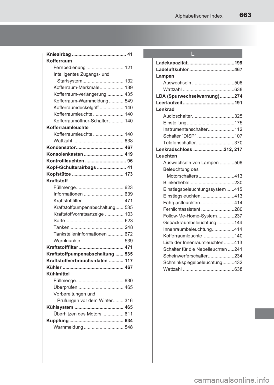 TOYOTA AVENSIS 2017 Betriebsanleitungen (in German) 663Alphabetischer Index
AVENSIS_OM_OM20C68M_(EM)
Knieairbag ......................................... 41
KofferraumFernbedienung ............................ 121
Intelligentes Zugangs- und Startsystem TOYOTA AVENSIS 2017 Betriebsanleitungen (in German) 663Alphabetischer Index
AVENSIS_OM_OM20C68M_(EM)
Knieairbag ......................................... 41
KofferraumFernbedienung ............................ 121
Intelligentes Zugangs- und Startsystem