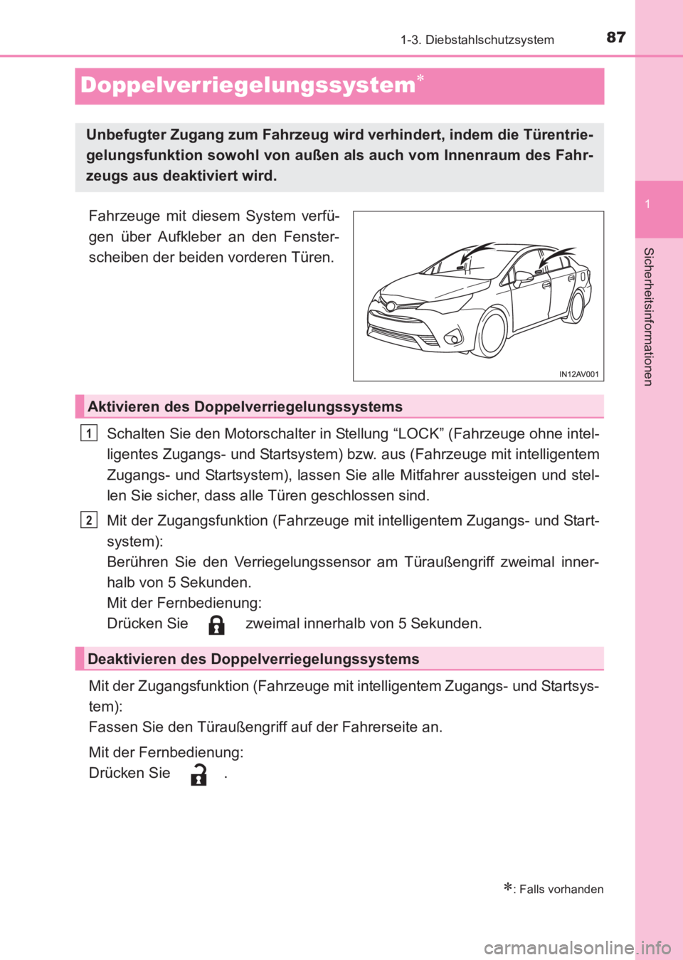 TOYOTA AVENSIS 2017 Betriebsanleitungen (in German) 87
1
1-3. Diebstahlschutzsystem
AVENSIS_OM_OM20C68M_(EM)
Sicherheitsinformationen
Doppelverriegelungssystem∗
Fahrzeuge mit diesem System verfü-
gen über Aufkleber an den Fenster-
scheiben der beid TOYOTA AVENSIS 2017 Betriebsanleitungen (in German) 87
1
1-3. Diebstahlschutzsystem
AVENSIS_OM_OM20C68M_(EM)
Sicherheitsinformationen
Doppelverriegelungssystem∗
Fahrzeuge mit diesem System verfü-
gen über Aufkleber an den Fenster-
scheiben der beid