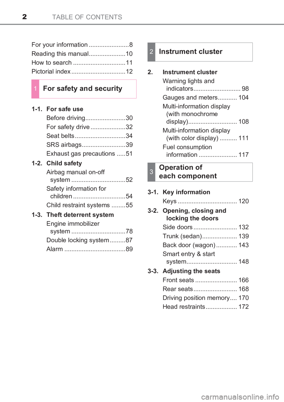 TOYOTA AVENSIS 2017  Owners Manual (in English) TABLE OF CONTENTS2
AVENSIS_OM_OM20C66E_(EE)For your information .......................8
Reading this manual.....................10
How to search ..............................11
Pictorial index .....