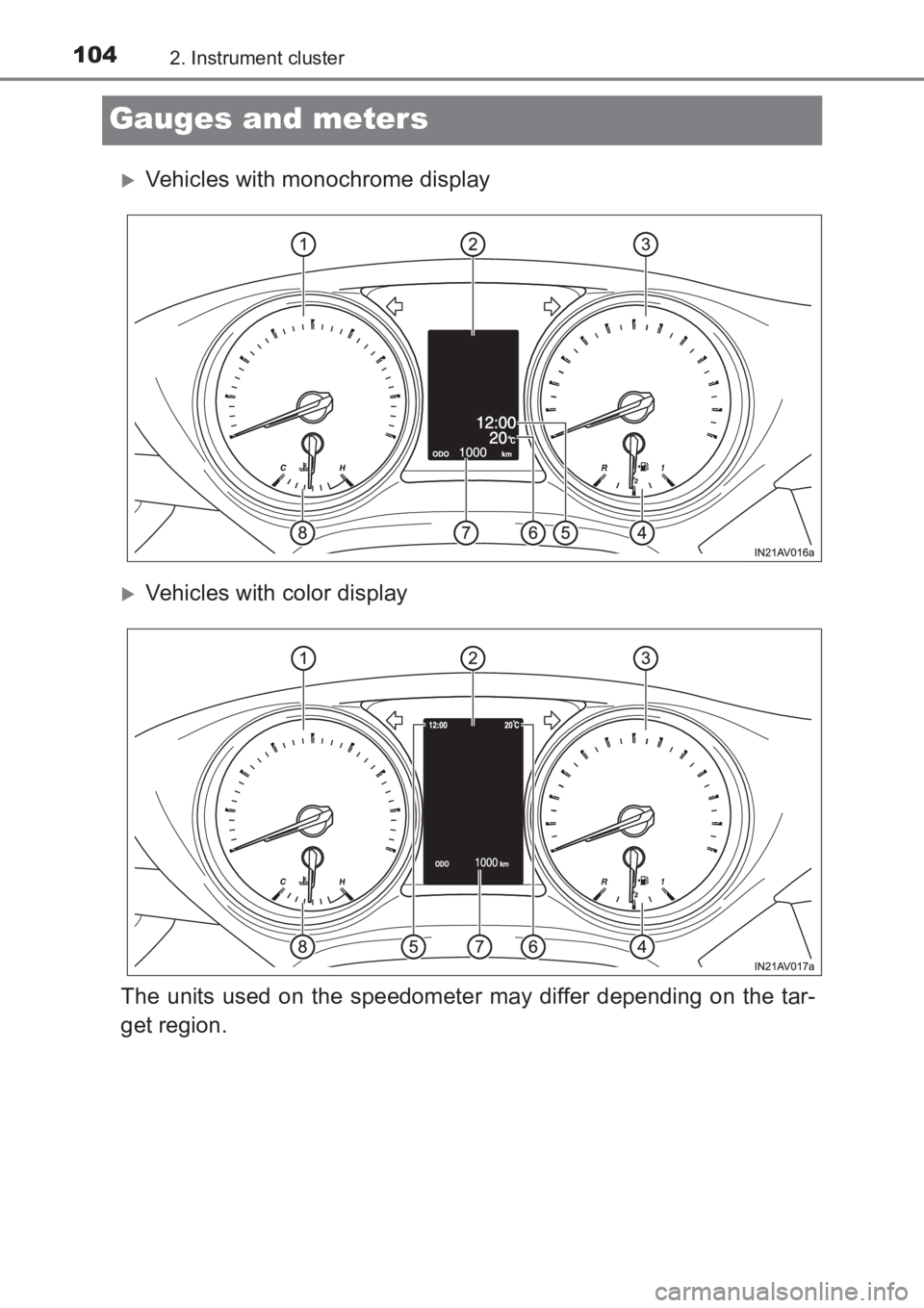 TOYOTA AVENSIS 2017  Owners Manual (in English) 1042. Instrument cluster
AVENSIS_OM_OM20C66E_(EE)
Gauges and meters
�XVehicles with monochrome display
�XVehicles with color display
The units used on the speedometer may differ depending on the tar-
