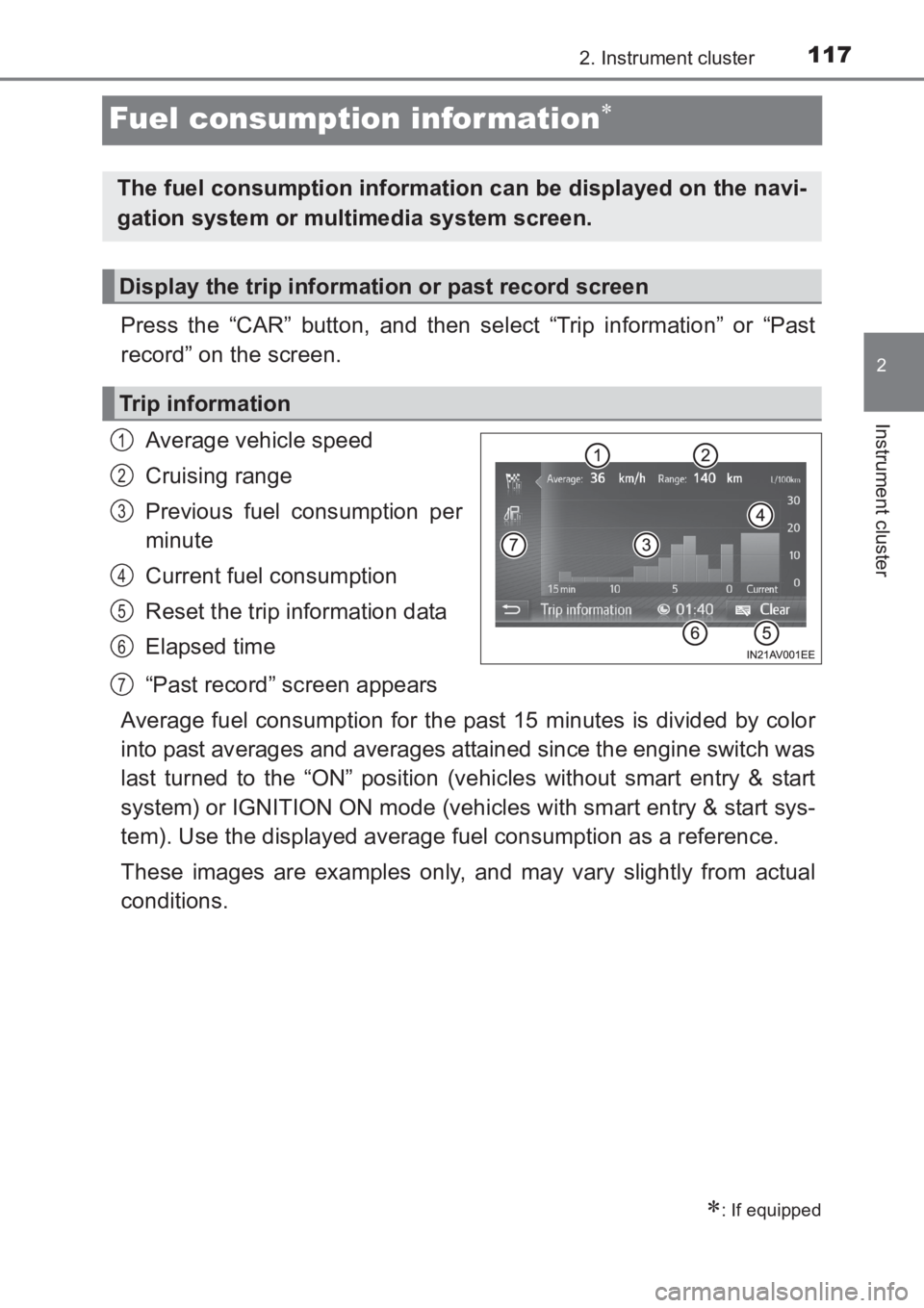 TOYOTA AVENSIS 2017 Owners Manual (in English) 117
2
2. Instrument cluster
Instrument cluster
AVENSIS_OM_OM20C66E_(EE)
Fuel consumption infor mation∗
Press the “CAR” button, and then select “Trip information” or “Past
record” on the TOYOTA AVENSIS 2017 Owners Manual (in English) 117
2
2. Instrument cluster
Instrument cluster
AVENSIS_OM_OM20C66E_(EE)
Fuel consumption infor mation∗
Press the “CAR” button, and then select “Trip information” or “Past
record” on the