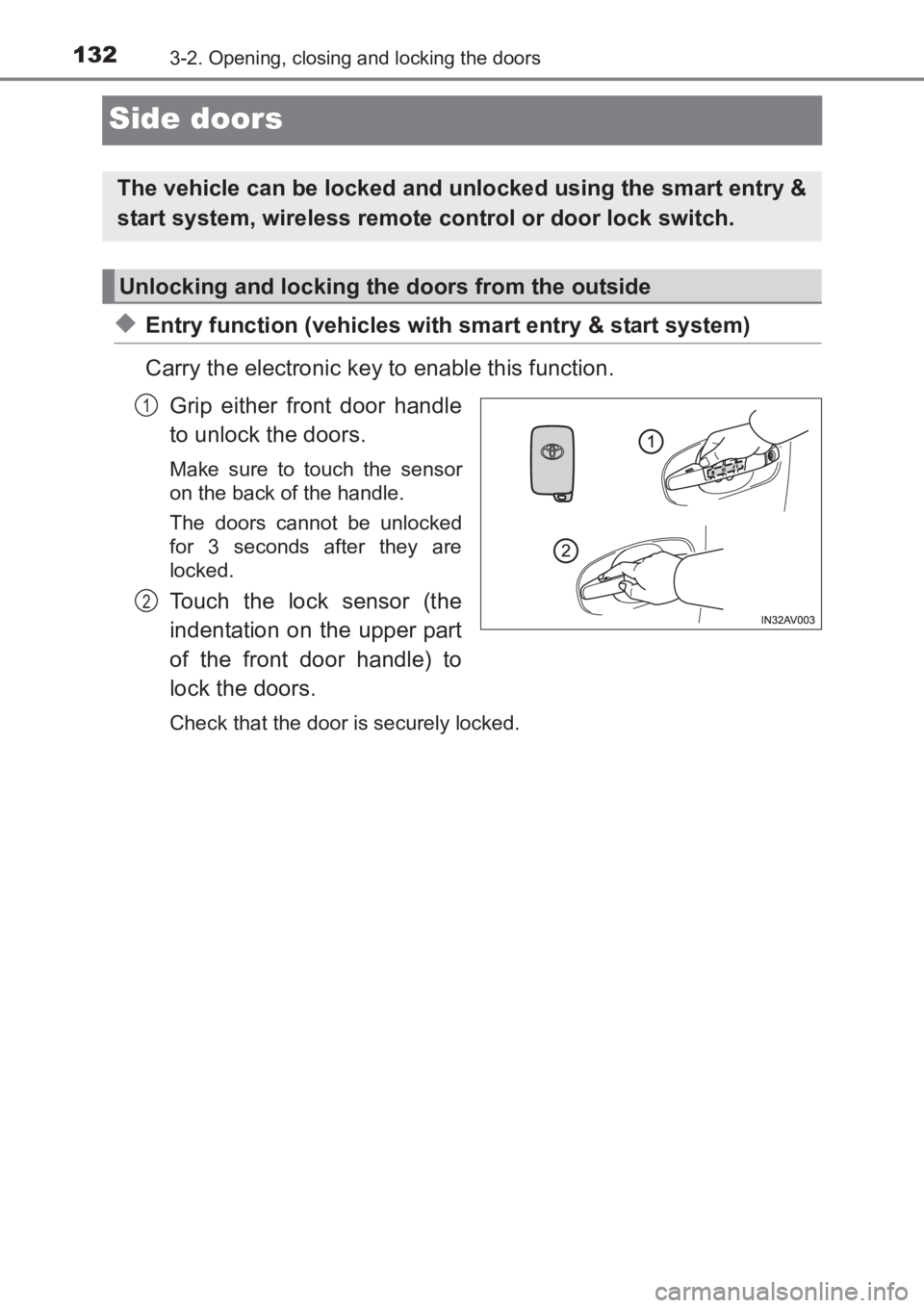 TOYOTA AVENSIS 2017  Owners Manual (in English) 1323-2. Opening, closing and locking the doors
AVENSIS_OM_OM20C66E_(EE)
Side doors
◆Entry function (vehicles with smart entry & start system)
Carry the electronic key to enable this function.Grip ei