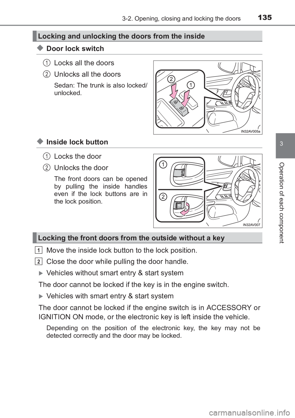 TOYOTA AVENSIS 2017  Owners Manual (in English) 1353-2. Opening, closing and locking the doors
3
Operation of each component
AVENSIS_OM_OM20C66E_(EE)
◆Door lock switchLocks all the doors
Unlocks all the doors
Sedan: The trunk is also locked/
unlo
