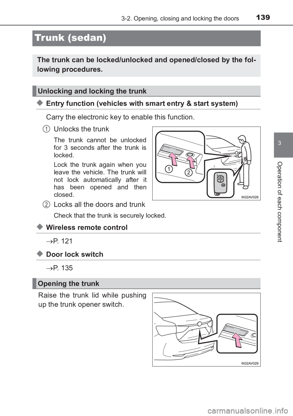 TOYOTA AVENSIS 2017  Owners Manual (in English) 139
3
3-2. Opening, closing and locking the doors
Operation of each component
AVENSIS_OM_OM20C66E_(EE)
Trunk (sedan)
◆Entry function (vehicles with smart entry & start system)
Carry the electronic k