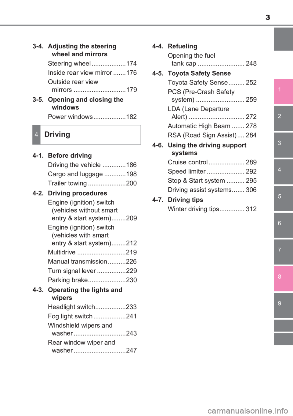 TOYOTA AVENSIS 2017  Owners Manual (in English) 3
1
8 6 5
4
3
2
AVENSIS_OM_OM20C66E_(EE)
9
7
3-4. Adjusting the steering wheel and mirrors
Steering wheel ...................174
Inside rear view mirror .......176
Outside rear view  mirrors .........