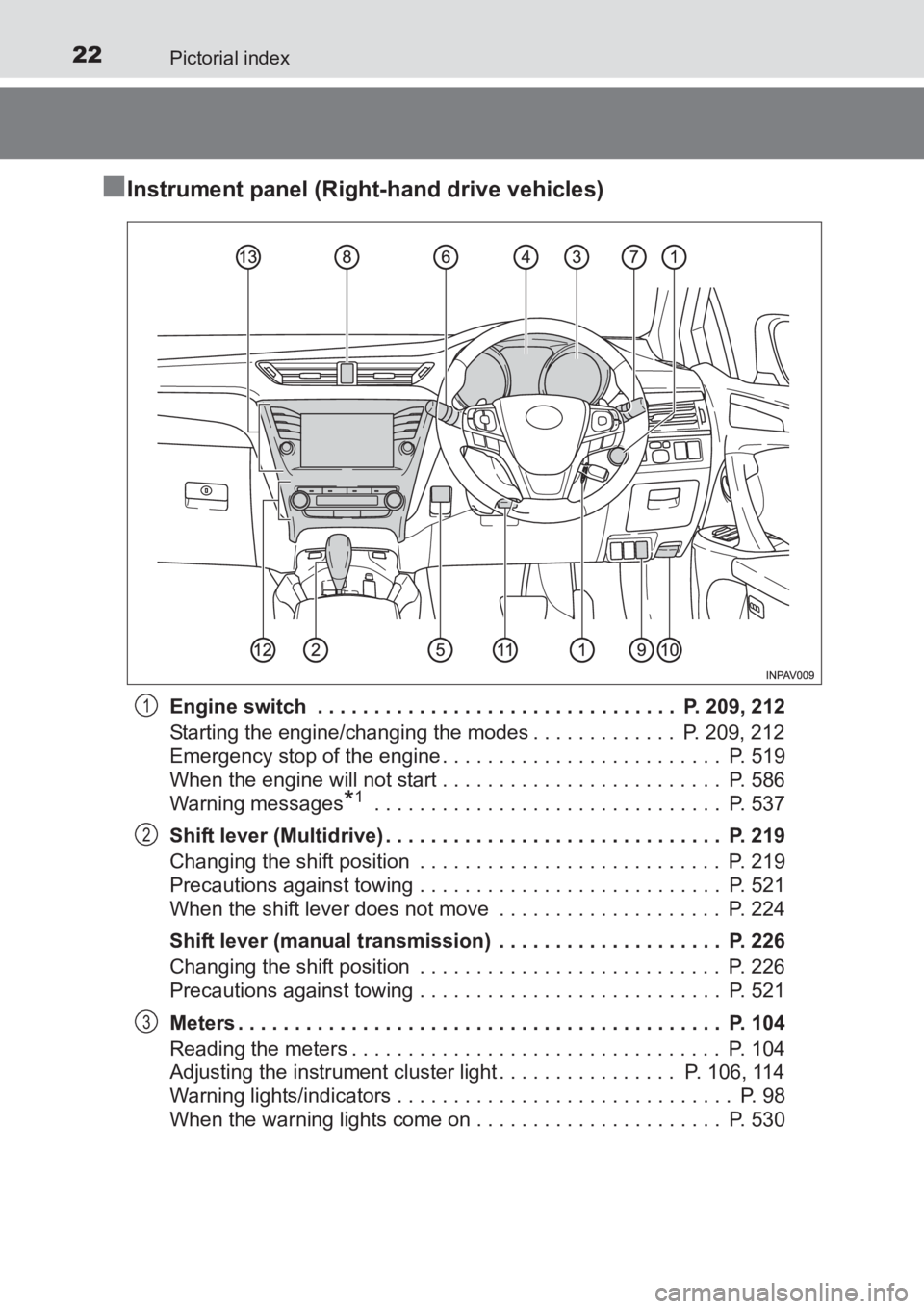 TOYOTA AVENSIS 2017  Owners Manual (in English) 22Pictorial index
AVENSIS_OM_OM20C66E_(EE)
■Instrument panel (Right-hand drive vehicles)
Engine switch  . . . . . . . . . . . . . . . . . . . . . . . . . . . . . . . .  P. 209, 212
Starting the engi