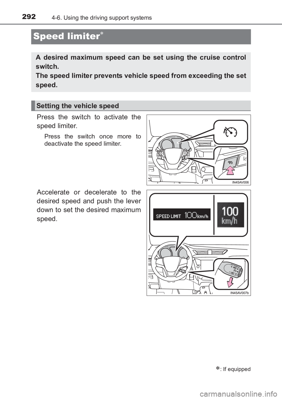 TOYOTA AVENSIS 2017 Owners Manual (in English) 2924-6. Using the driving support systems
AVENSIS_OM_OM20C66E_(EE)
Speed limiter∗
Press the switch to activate the
speed limiter.
Press the switch once more to
deactivate the speed limiter.
Accelera TOYOTA AVENSIS 2017 Owners Manual (in English) 2924-6. Using the driving support systems
AVENSIS_OM_OM20C66E_(EE)
Speed limiter∗
Press the switch to activate the
speed limiter.
Press the switch once more to
deactivate the speed limiter.
Accelera