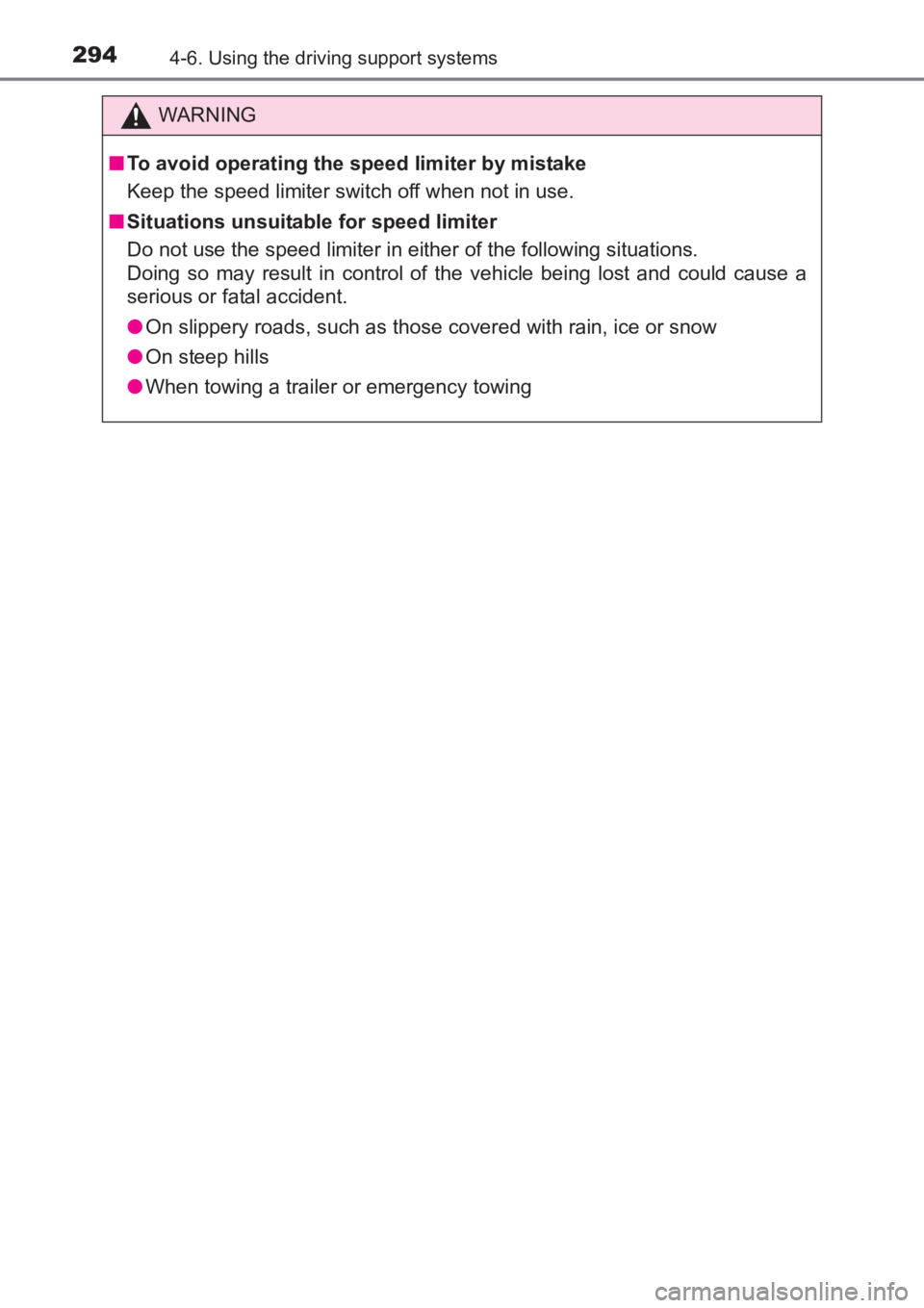 TOYOTA AVENSIS 2017 Owners Manual (in English) 2944-6. Using the driving support systems
AVENSIS_OM_OM20C66E_(EE)
WARNING
■ To avoid operating the speed limiter by mistake
Keep the speed limiter switch off when not in use.
■ Situations unsuita TOYOTA AVENSIS 2017 Owners Manual (in English) 2944-6. Using the driving support systems
AVENSIS_OM_OM20C66E_(EE)
WARNING
■ To avoid operating the speed limiter by mistake
Keep the speed limiter switch off when not in use.
■ Situations unsuita
