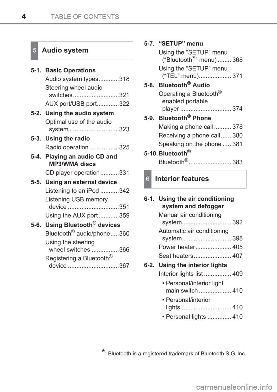 TOYOTA AVENSIS 2017  Owners Manual (in English) TABLE OF CONTENTS4
AVENSIS_OM_OM20C66E_(EE)5-1. Basic Operations
Audio system types............318
Steering wheel audio switches ...........................321
AUX port/USB port.............322
5-2. U