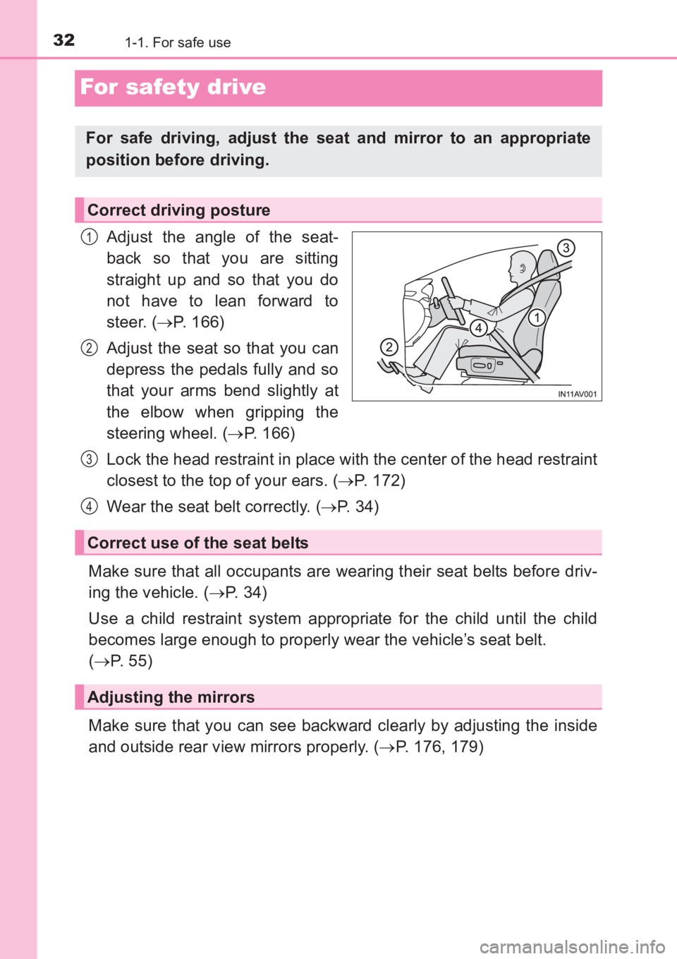 TOYOTA AVENSIS 2017 (in English) Owners Guide 321-1. For safe use
AVENSIS_OM_OM20C66E_(EE)
For safety drive
Adjust the angle of the seat-
back so that you are sitting
straight up and so that you do
not have to lean forward to
steer. (→P. 166)
A TOYOTA AVENSIS 2017 (in English) Owners Guide 321-1. For safe use
AVENSIS_OM_OM20C66E_(EE)
For safety drive
Adjust the angle of the seat-
back so that you are sitting
straight up and so that you do
not have to lean forward to
steer. (→P. 166)
A