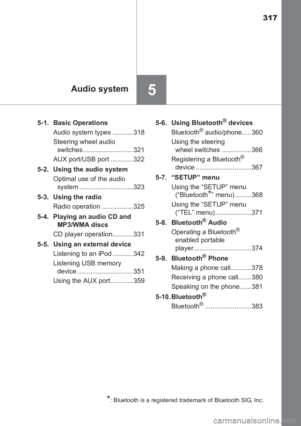 TOYOTA AVENSIS 2017  Owners Manual (in English) 317
5Audio system
AVENSIS_OM_OM20C66E_(EE)5-1. Basic Operations
Audio system types ........... 318
Steering wheel audio switches ........................... 321
AUX port/USB port ............ 322
5-2.