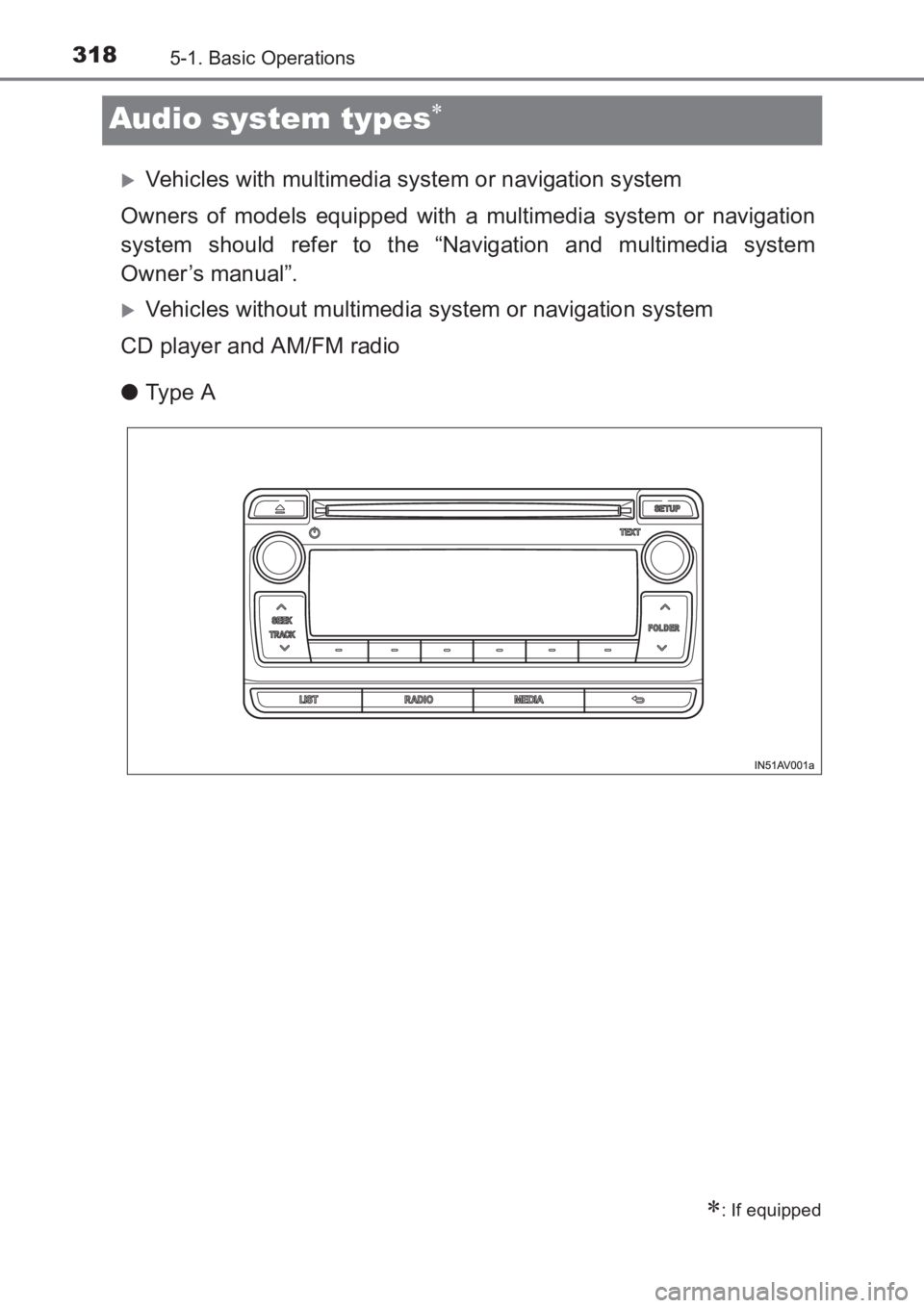TOYOTA AVENSIS 2017  Owners Manual (in English) 3185-1. Basic Operations
AVENSIS_OM_OM20C66E_(EE)
Audio system types∗
�XVehicles with multimedia system or navigation system
Owners of models equipped with a multimedia system or navigation
system s