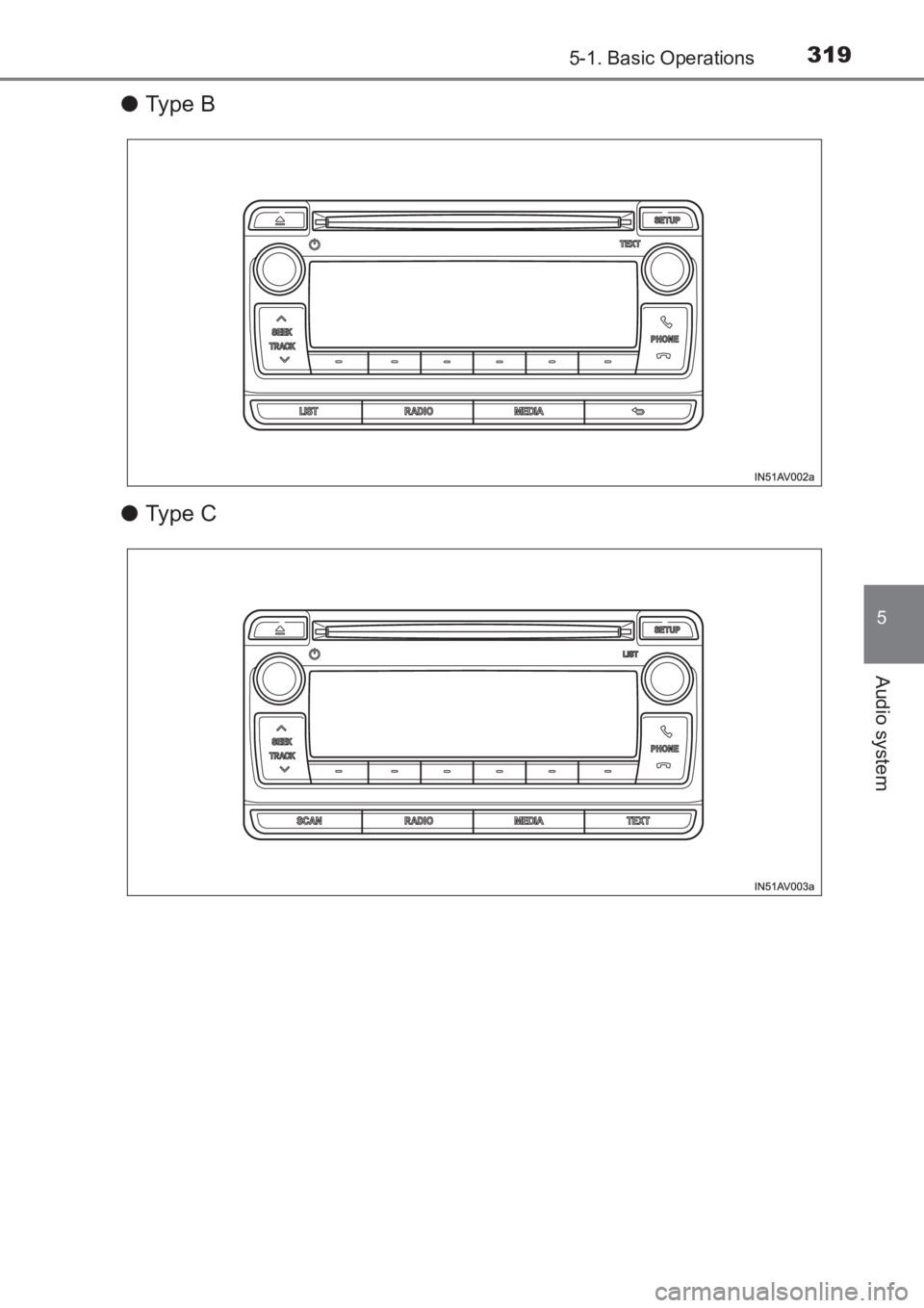 TOYOTA AVENSIS 2017  Owners Manual (in English) 3195-1. Basic Operations
5
Audio system
AVENSIS_OM_OM20C66E_(EE)
●Ty pe  B
● Ty pe  C
AVENSIS_OM_OM20C66E_(EE).book  Page 319  Wednesday, June 15, 20 16  4:07 PM 