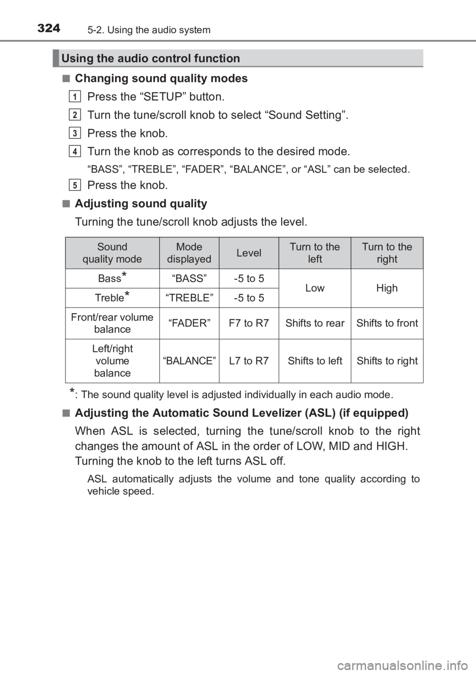 TOYOTA AVENSIS 2017 Owners Manual (in English) 3245-2. Using the audio system
AVENSIS_OM_OM20C66E_(EE)■
Changing sound quality modes
Press the “SETUP” button.
Turn the tune/scroll knob to select “Sound Setting”.
Press the knob.
Turn the TOYOTA AVENSIS 2017 Owners Manual (in English) 3245-2. Using the audio system
AVENSIS_OM_OM20C66E_(EE)■
Changing sound quality modes
Press the “SETUP” button.
Turn the tune/scroll knob to select “Sound Setting”.
Press the knob.
Turn the