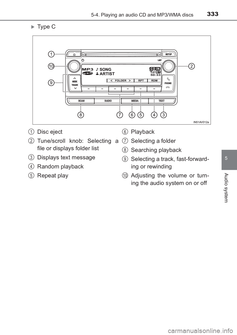TOYOTA AVENSIS 2017  Owners Manual (in English) 3335-4. Playing an audio CD and MP3/WMA discs
5
Audio system
AVENSIS_OM_OM20C66E_(EE)
�XTy pe  C
Disc eject
Tune/scroll knob: Selecting a
file or displays folder list
Displays text message
Random play