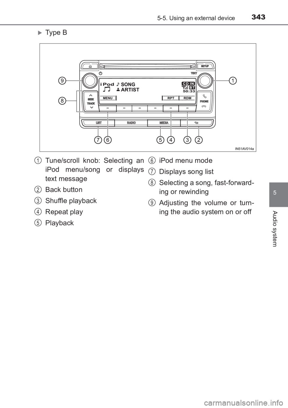 TOYOTA AVENSIS 2017  Owners Manual (in English) 3435-5. Using an external device
5
Audio system
AVENSIS_OM_OM20C66E_(EE)
�XTy pe  B
Tune/scroll knob: Selecting an
iPod menu/song or displays
text message
Back button
Shuffle playback
Repeat play
Play