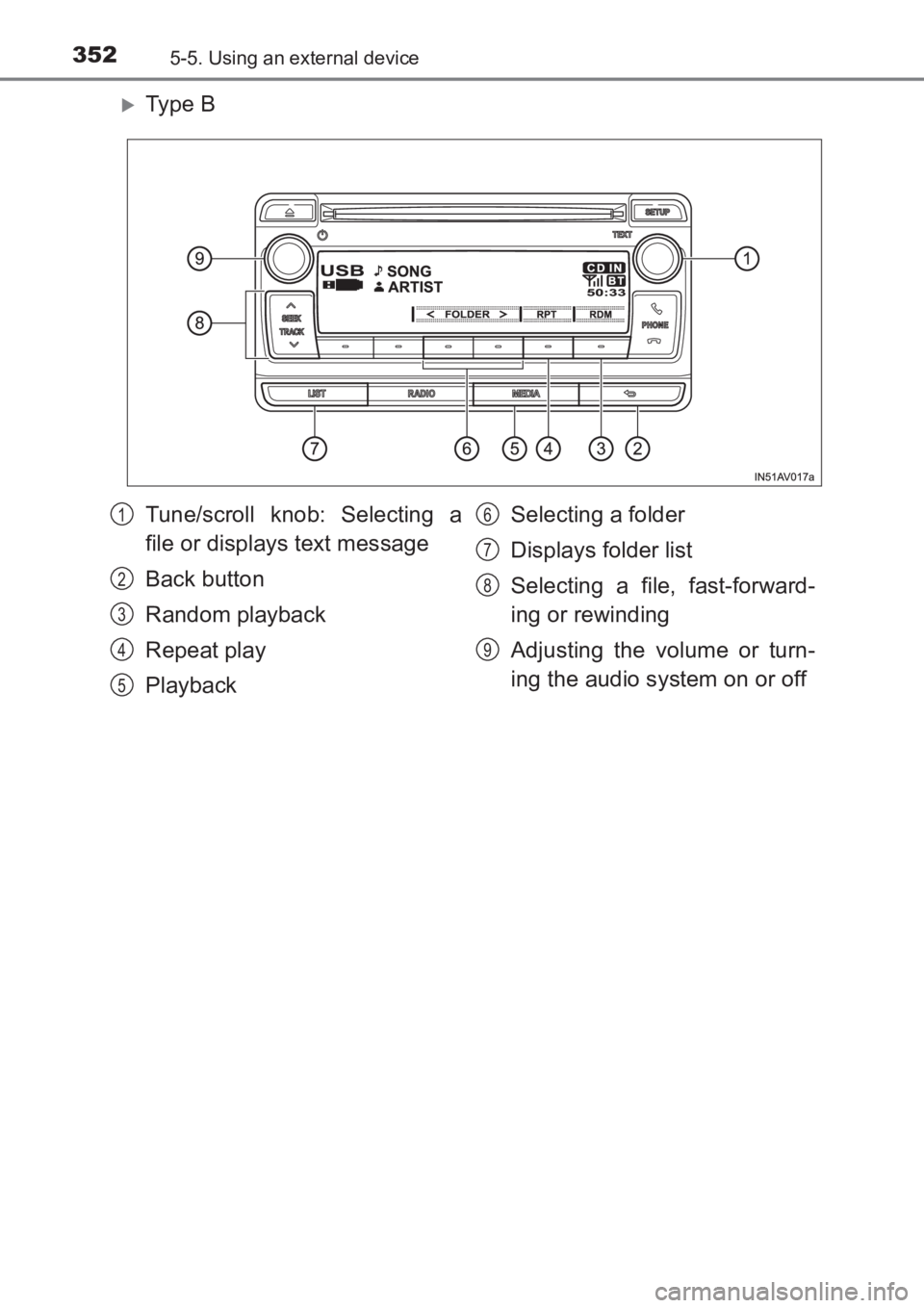 TOYOTA AVENSIS 2017  Owners Manual (in English) 3525-5. Using an external device
AVENSIS_OM_OM20C66E_(EE)
�XTy pe  B
Tune/scroll knob: Selecting a
file or displays text message
Back button
Random playback
Repeat play
PlaybackSelecting a folder
Disp