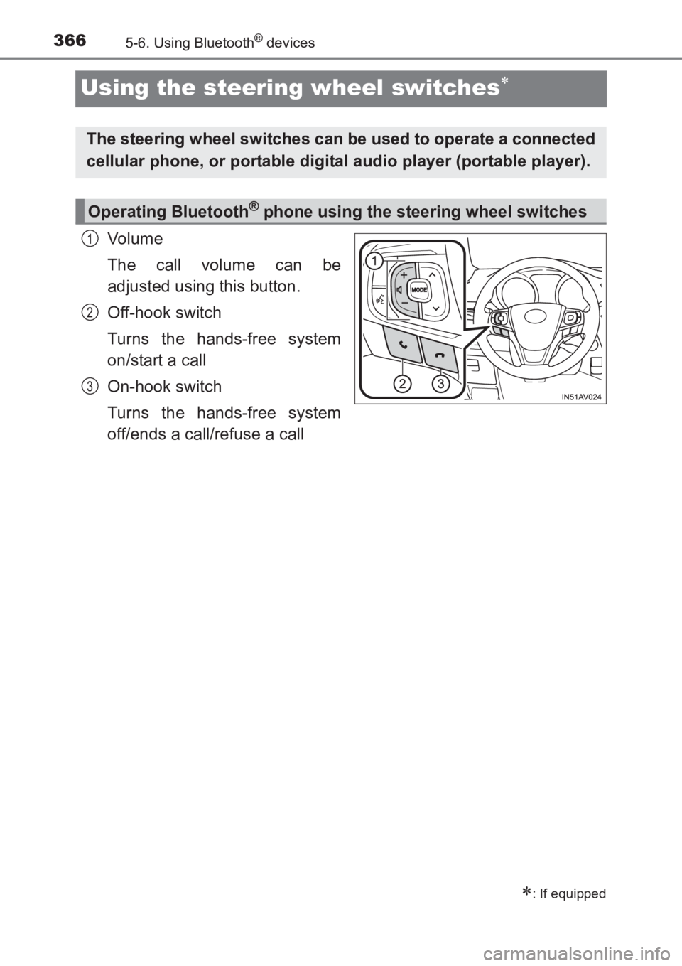 TOYOTA AVENSIS 2017  Owners Manual (in English) 3665-6. Using Bluetooth® devices
AVENSIS_OM_OM20C66E_(EE)
Using the steering wheel switches∗
Vo lu m e
The call volume can be
adjusted using this button.
Off-hook switch
Turns the hands-free system
