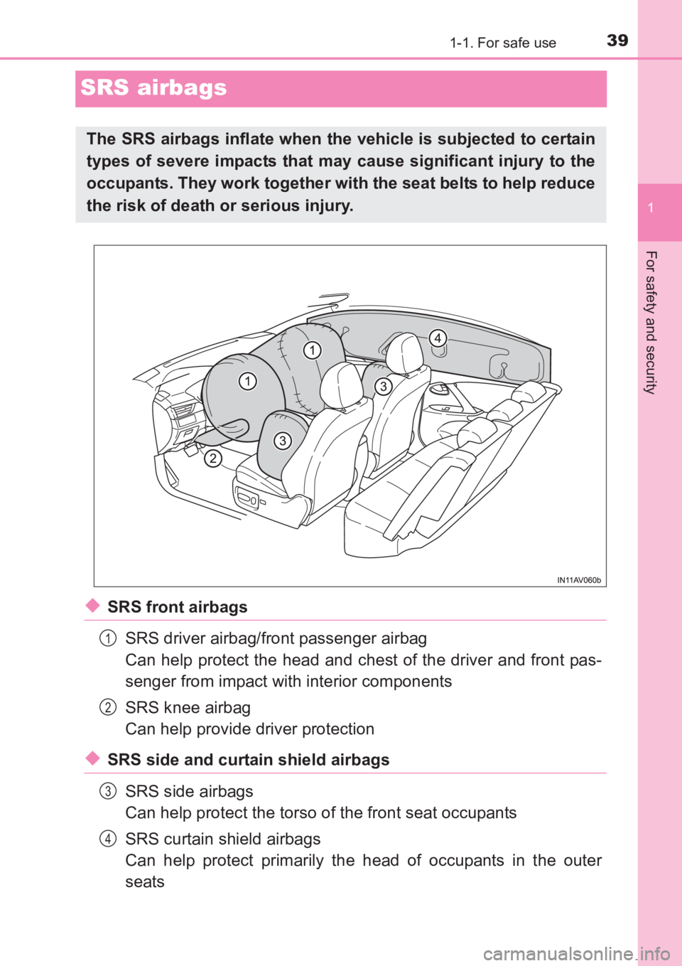 TOYOTA AVENSIS 2017 (in English) Owners Guide 391-1. For safe use
1
For safety and security
AVENSIS_OM_OM20C66E_(EE)
SRS airbags
◆SRS front airbagsSRS driver airbag/front passenger airbag
Can help protect the head and chest of the driver and fr TOYOTA AVENSIS 2017 (in English) Owners Guide 391-1. For safe use
1
For safety and security
AVENSIS_OM_OM20C66E_(EE)
SRS airbags
◆SRS front airbagsSRS driver airbag/front passenger airbag
Can help protect the head and chest of the driver and fr