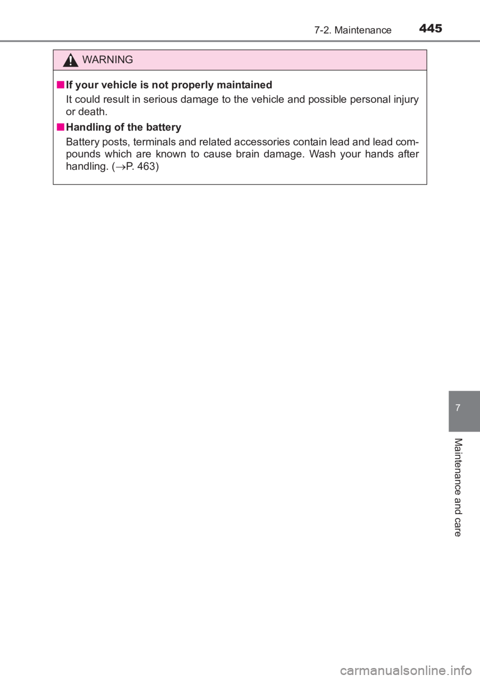 TOYOTA AVENSIS 2017 Owners Manual (in English) 4457-2. Maintenance
AVENSIS_OM_OM20C66E_(EE)
7
Maintenance and care
WARNING
■ If your vehicle is not properly maintained
It could result in serious damage to the vehicle and possible personal injury TOYOTA AVENSIS 2017 Owners Manual (in English) 4457-2. Maintenance
AVENSIS_OM_OM20C66E_(EE)
7
Maintenance and care
WARNING
■ If your vehicle is not properly maintained
It could result in serious damage to the vehicle and possible personal injury
